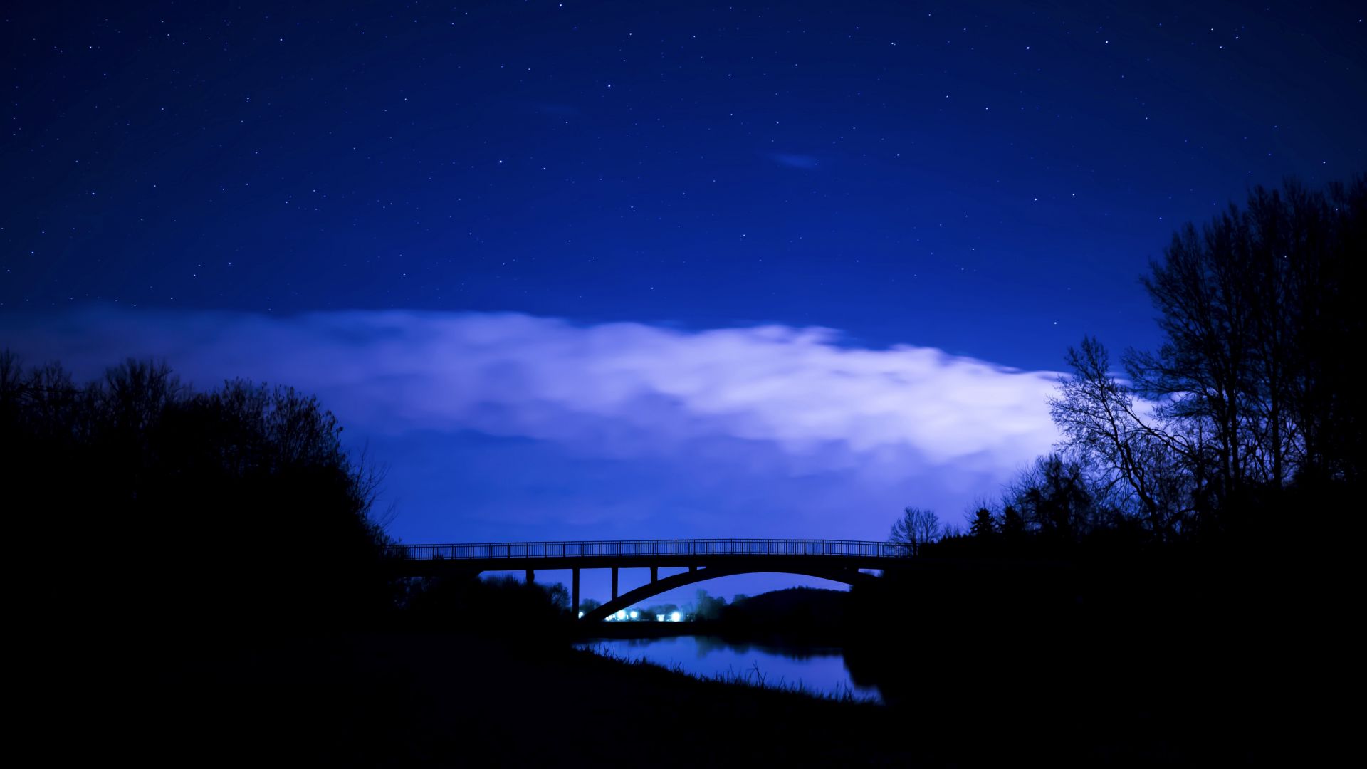 Wallpaper Bridge, clouds, night, blue sky, trees, 5k