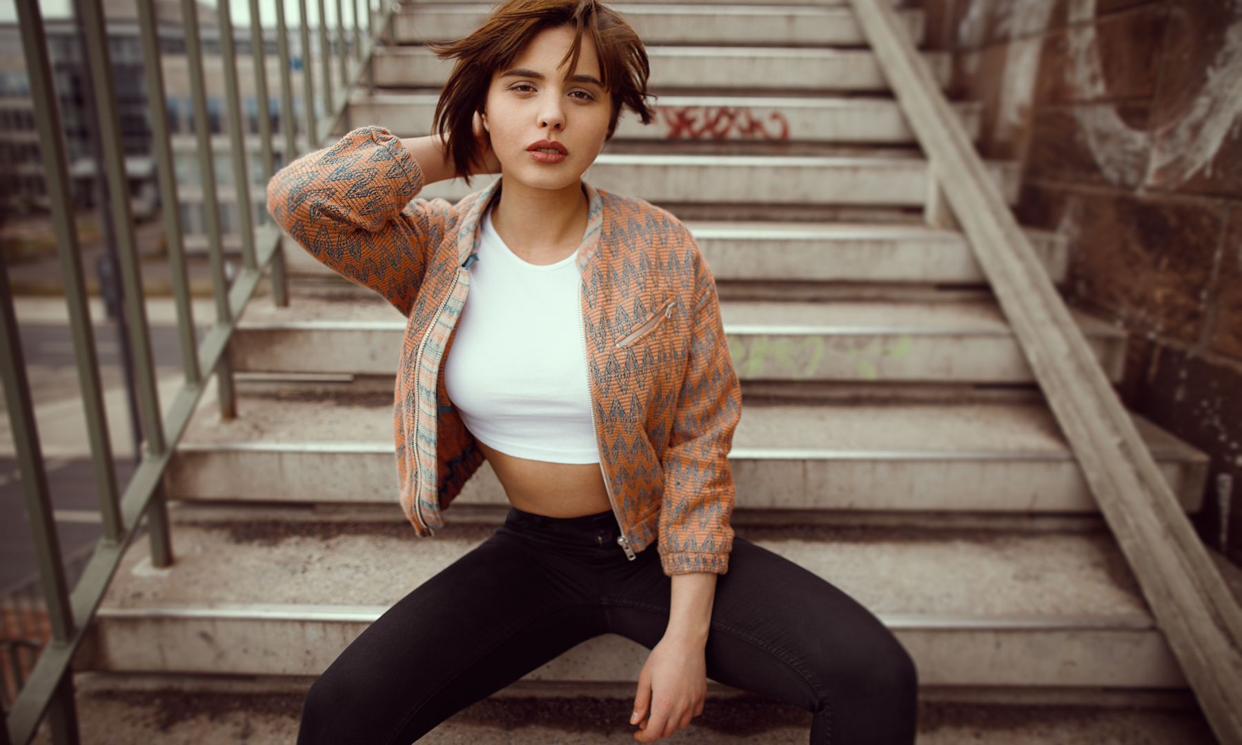 Wallpaper Sitting on stairs, beautiful, girl model