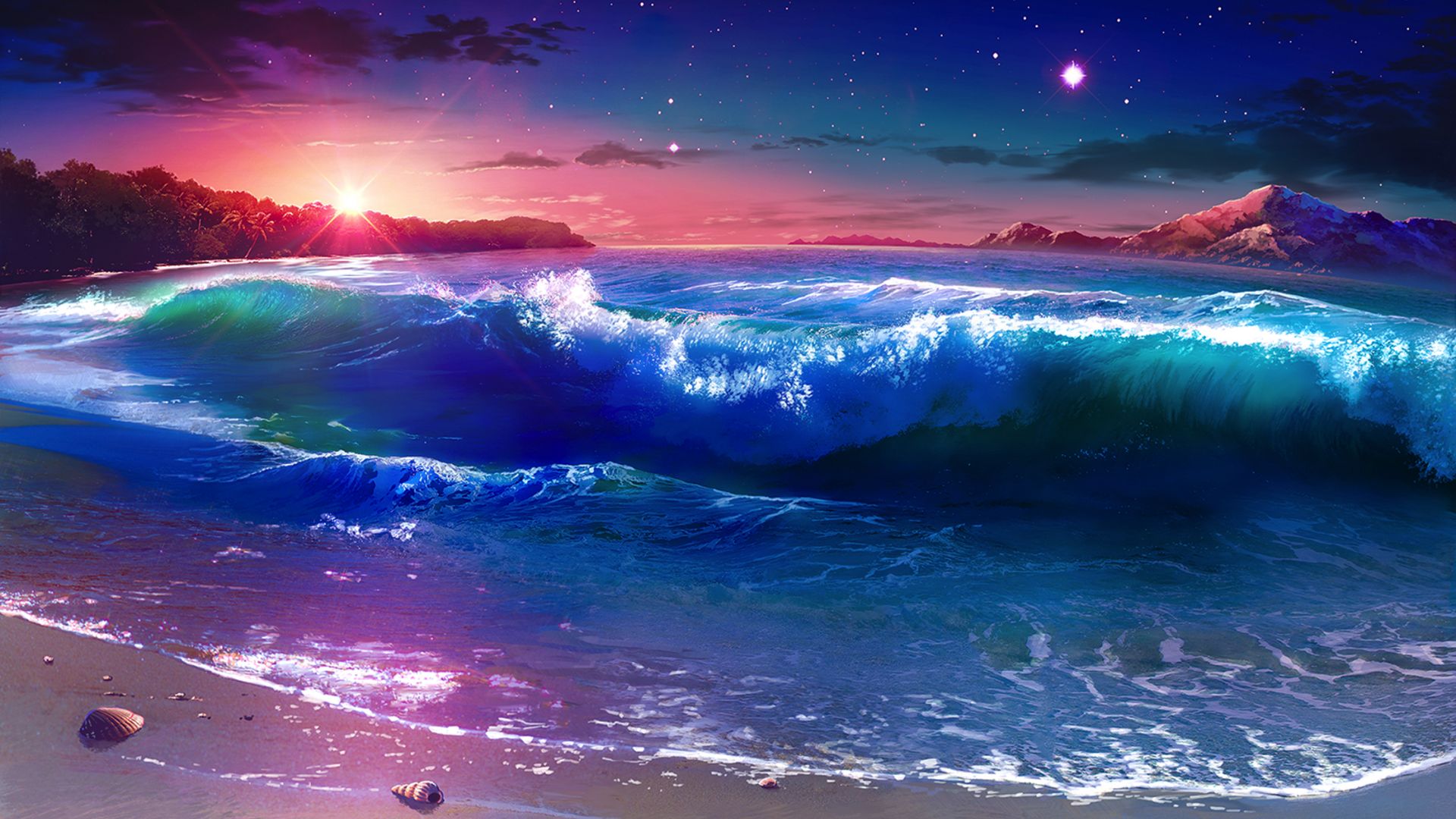Wallpaper Beach, sea waves, sunset, anime, original