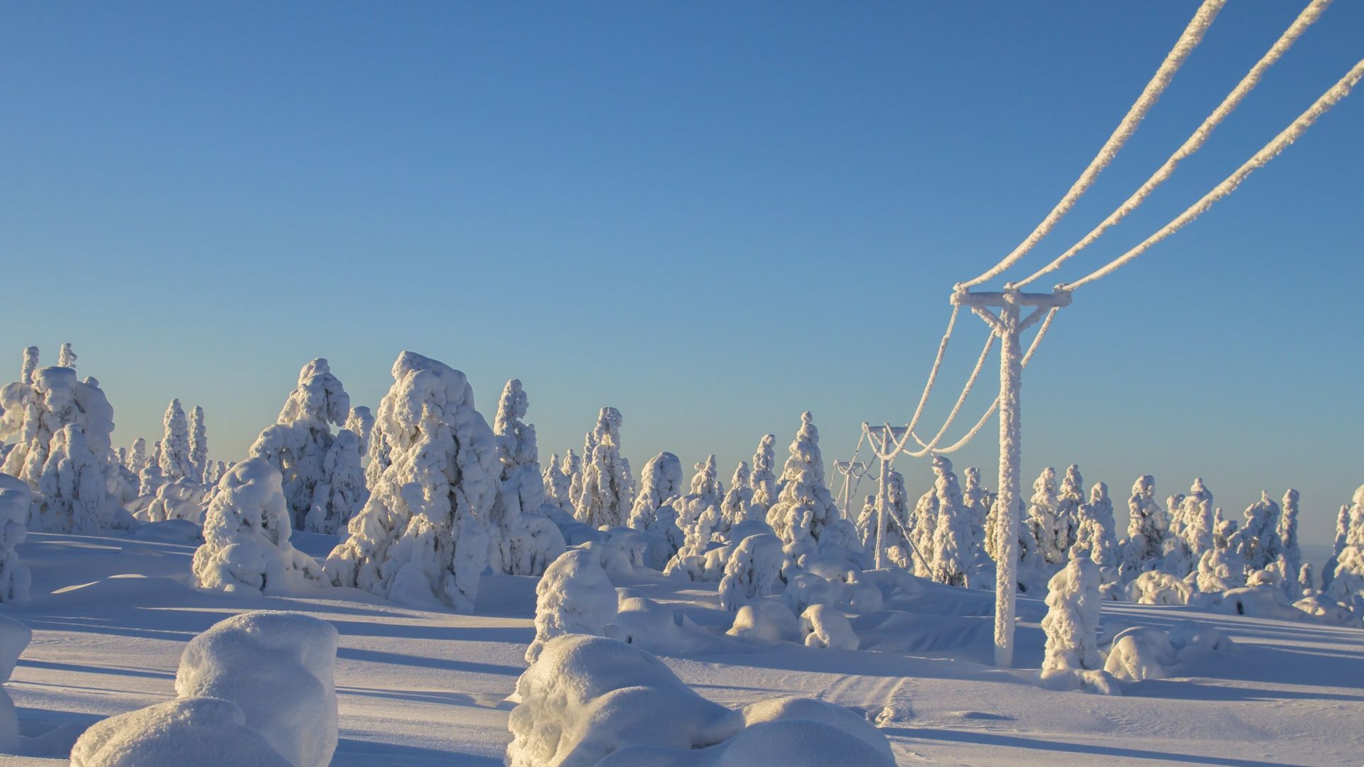 Wallpaper Winter, electric tower, island, snowfall, blue sky, tree, 4k
