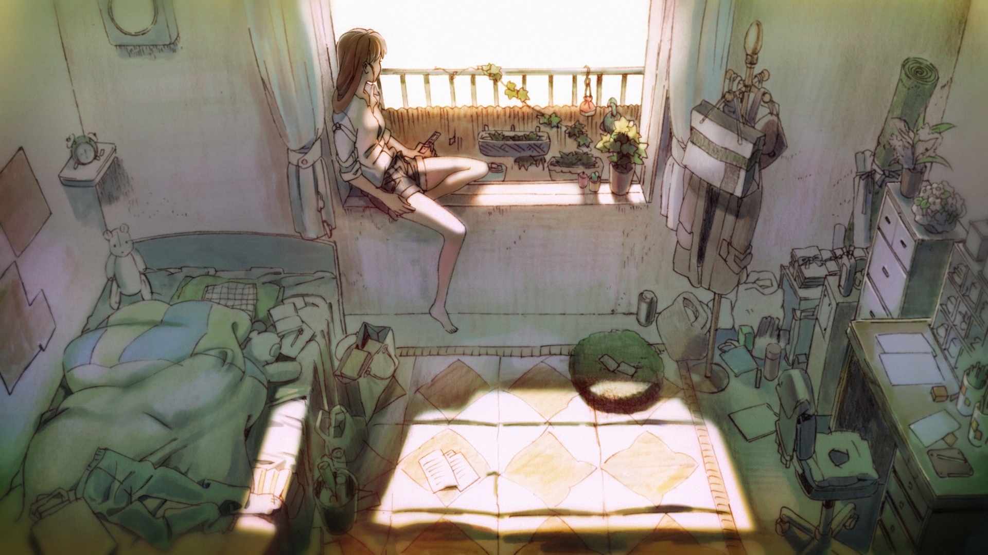 Desktop Wallpaper Anime Girl In Bedroom, Sitting, Hd Image, Picture,  Background, Eo6rqg