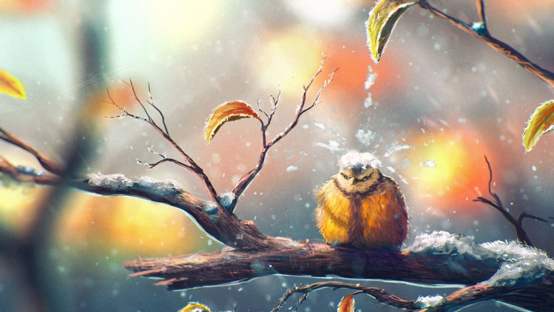 Wallpaper Bird, bath, winter, tree branch, art