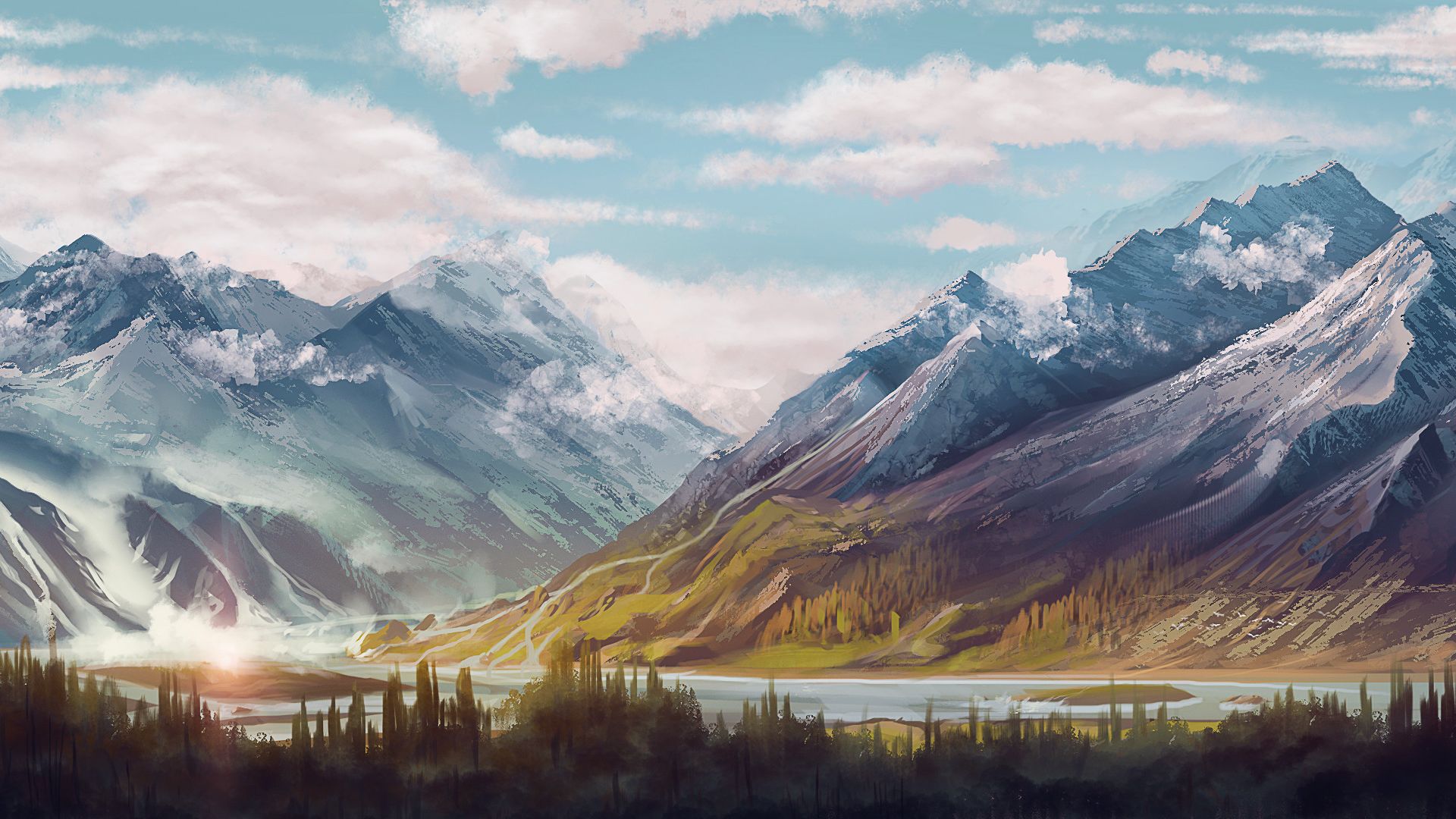 Wallpaper Mountains, river, landscape, art