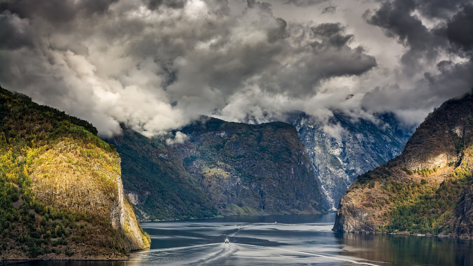 Wallpaper Naeroyfjord, fjord, river, valley, clouds, mountains, nature