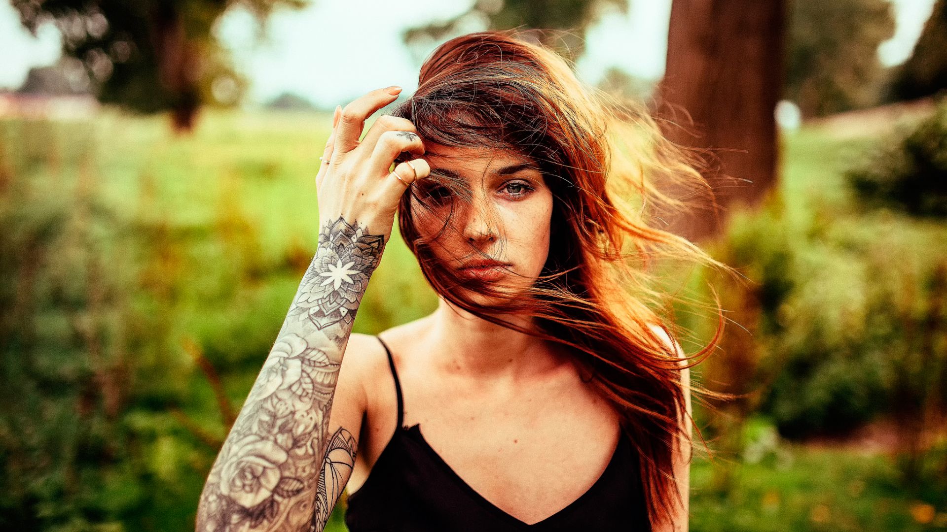 Wallpaper Red head, hair on face, girl model, tattoo