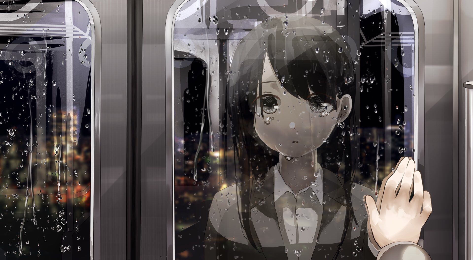 Wallpaper Train, window, cute anime girl, rain