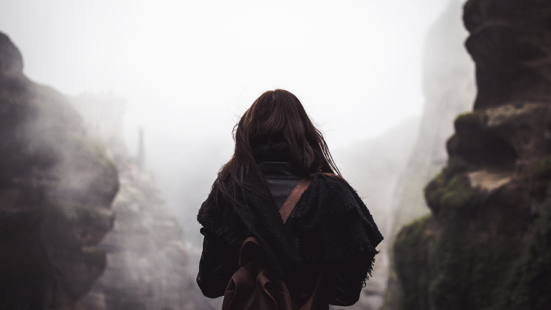 Wallpaper Mountains, traveler girl, mist