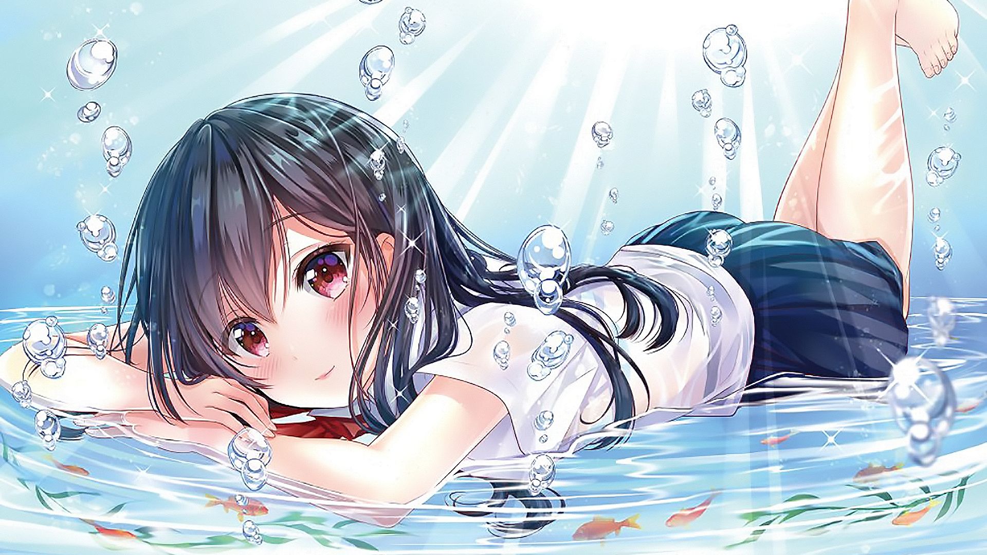 Wallpaper Lying down, anime girl, bubbles