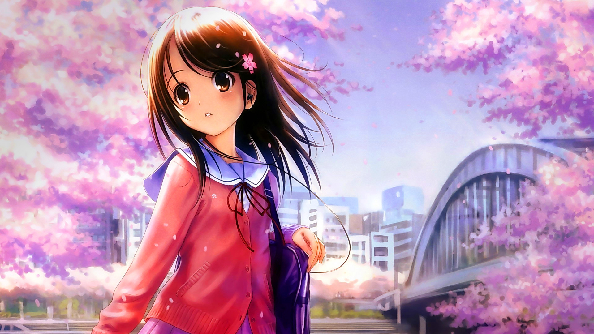 Wallpaper Anime girl, blossom, cute, school dress