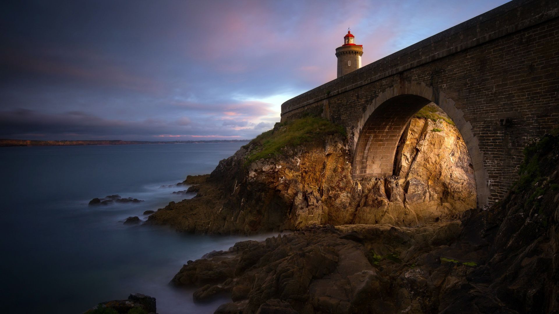 Wallpaper Coast, lighthouse, bridge, sea, sunset