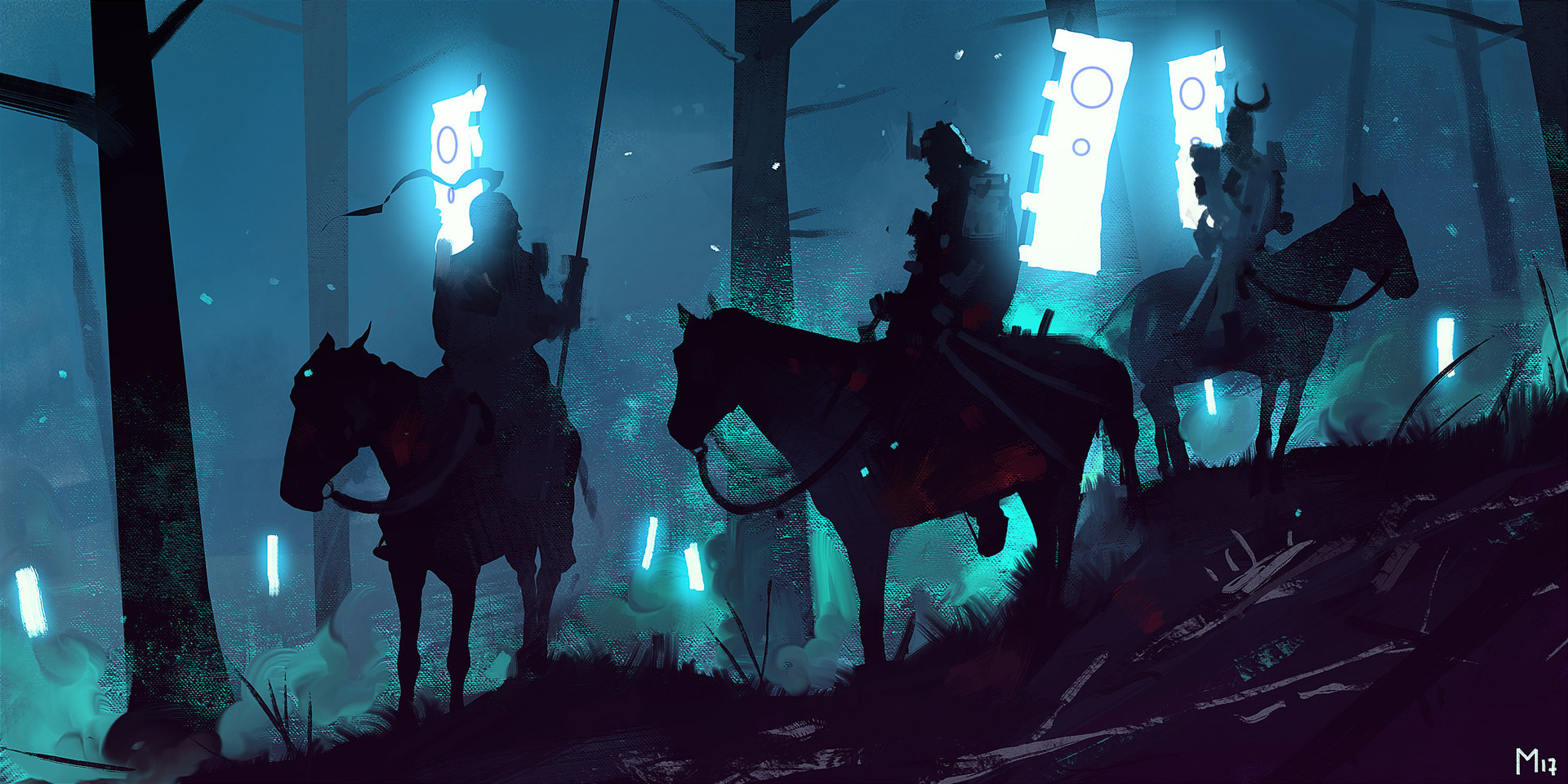 Wallpaper Knight, banners, horse, night, digital art