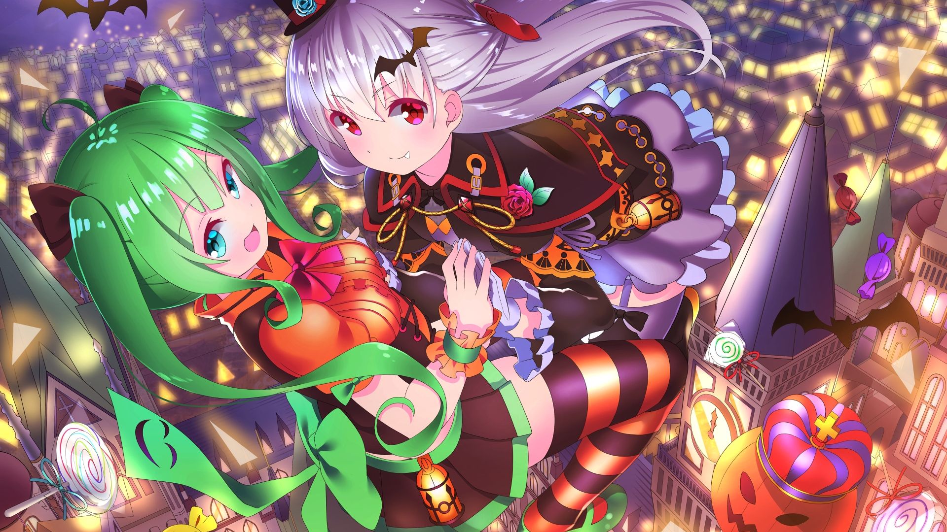 Wallpaper Witches, flying over city, anime, halloween