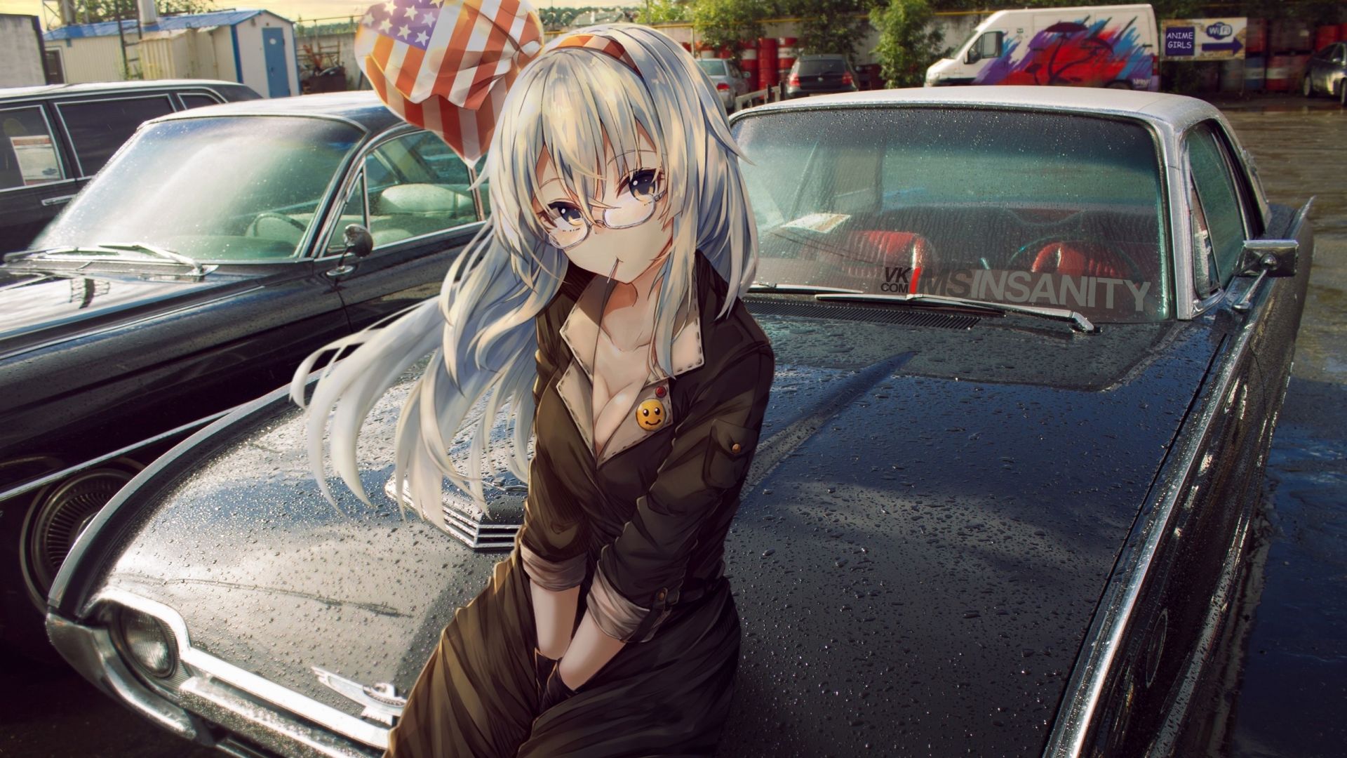 Wallpaper Sitting on car, anime girl, white hair