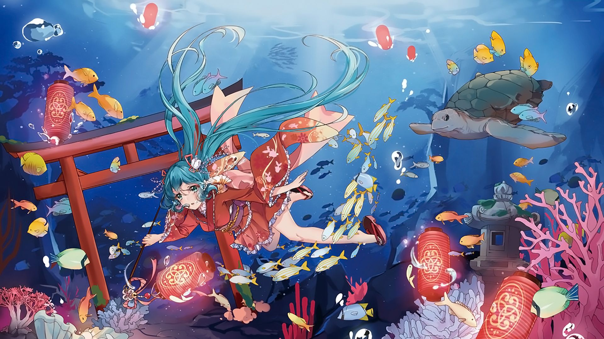 Wallpaper Underwater, hatsune miku, anime girl, turtle