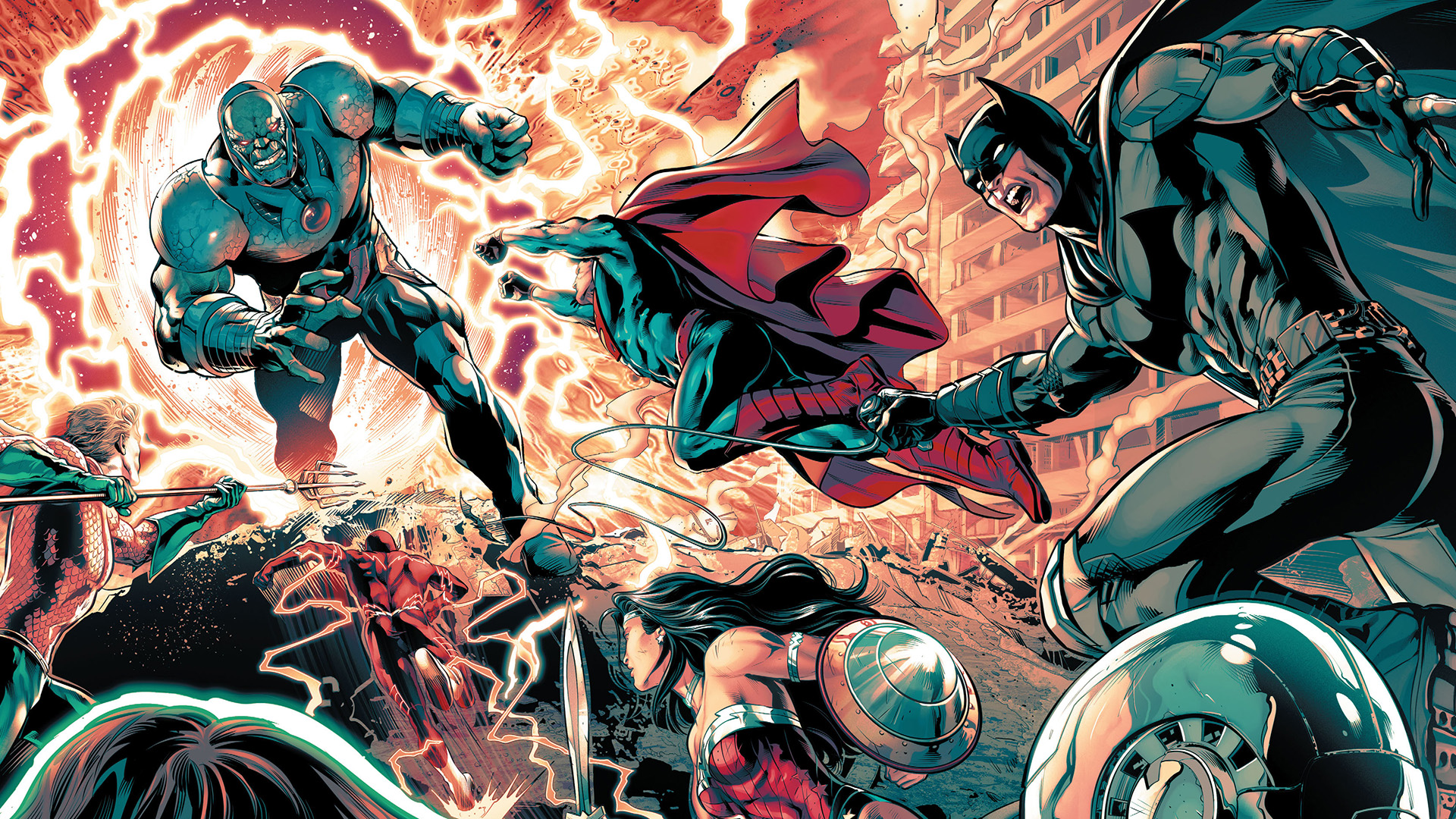 Wallpaper Justice league, fight with villain, batman, super man, wonder woman