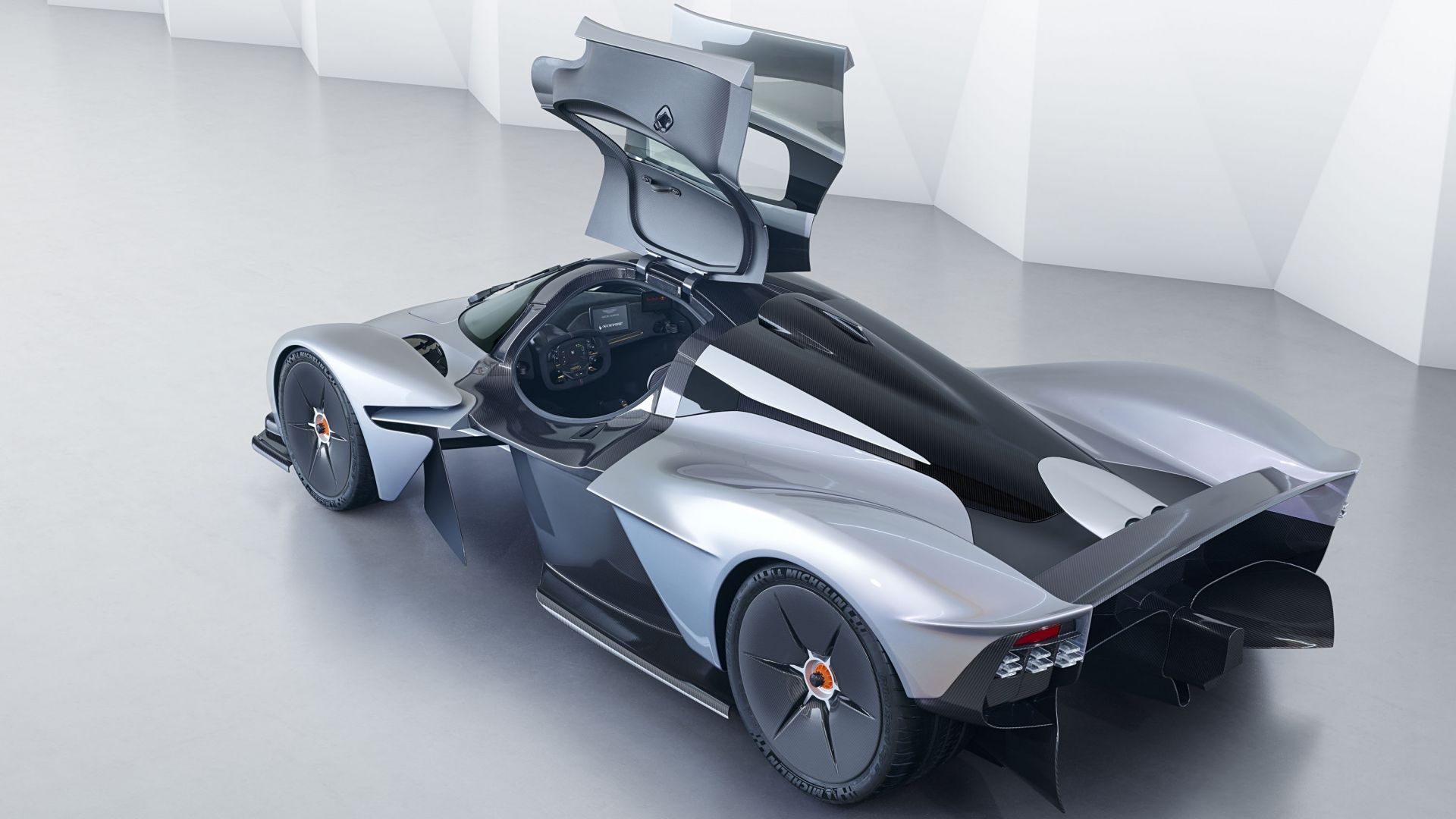 Wallpaper Aston martin Valkyrie, top and side view, open doors, hybrid car