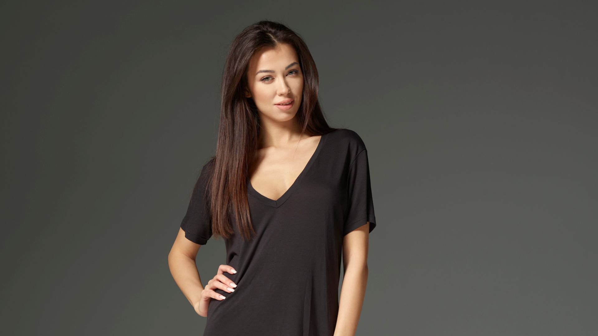 Wallpaper Girl model, brunette, black tshirt, 8k
