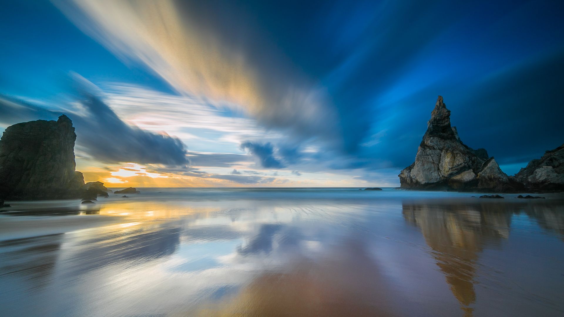 Wallpaper Coast, reflections, sunset, sea, cliff