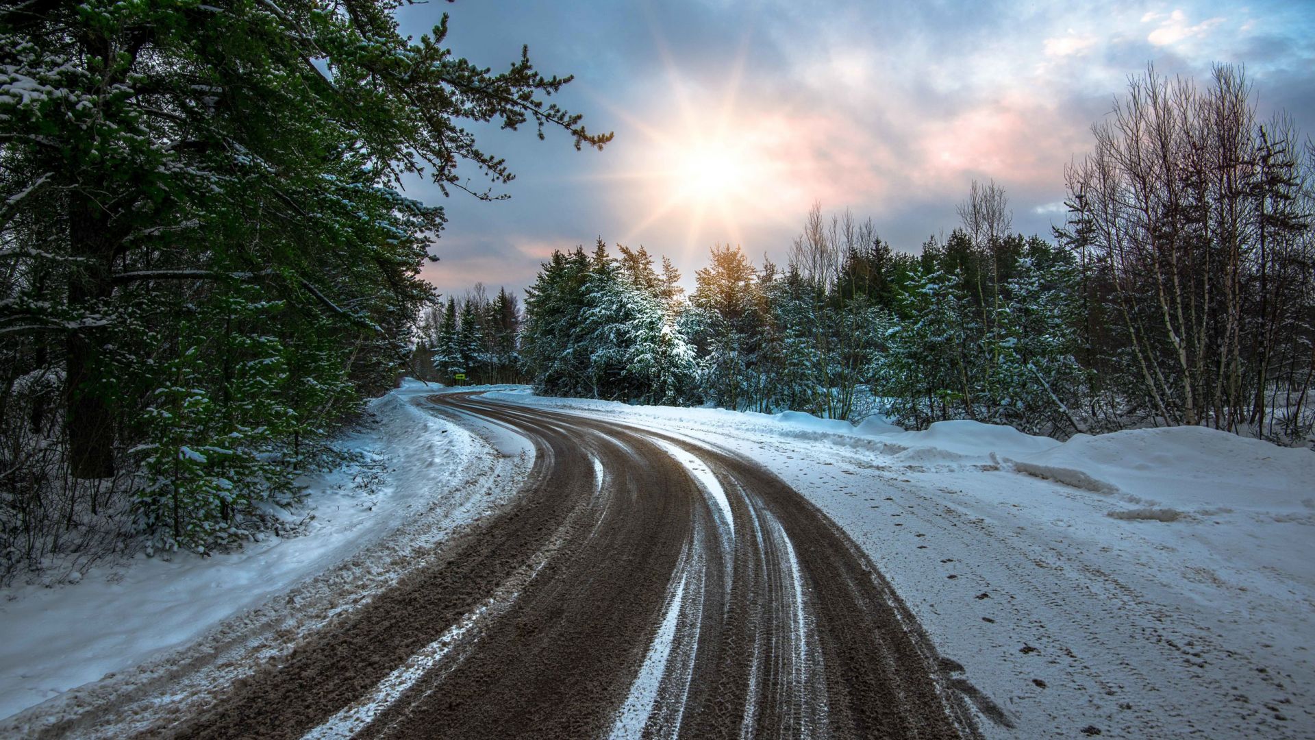 Wallpaper Nature, winter, forest, clouds, road