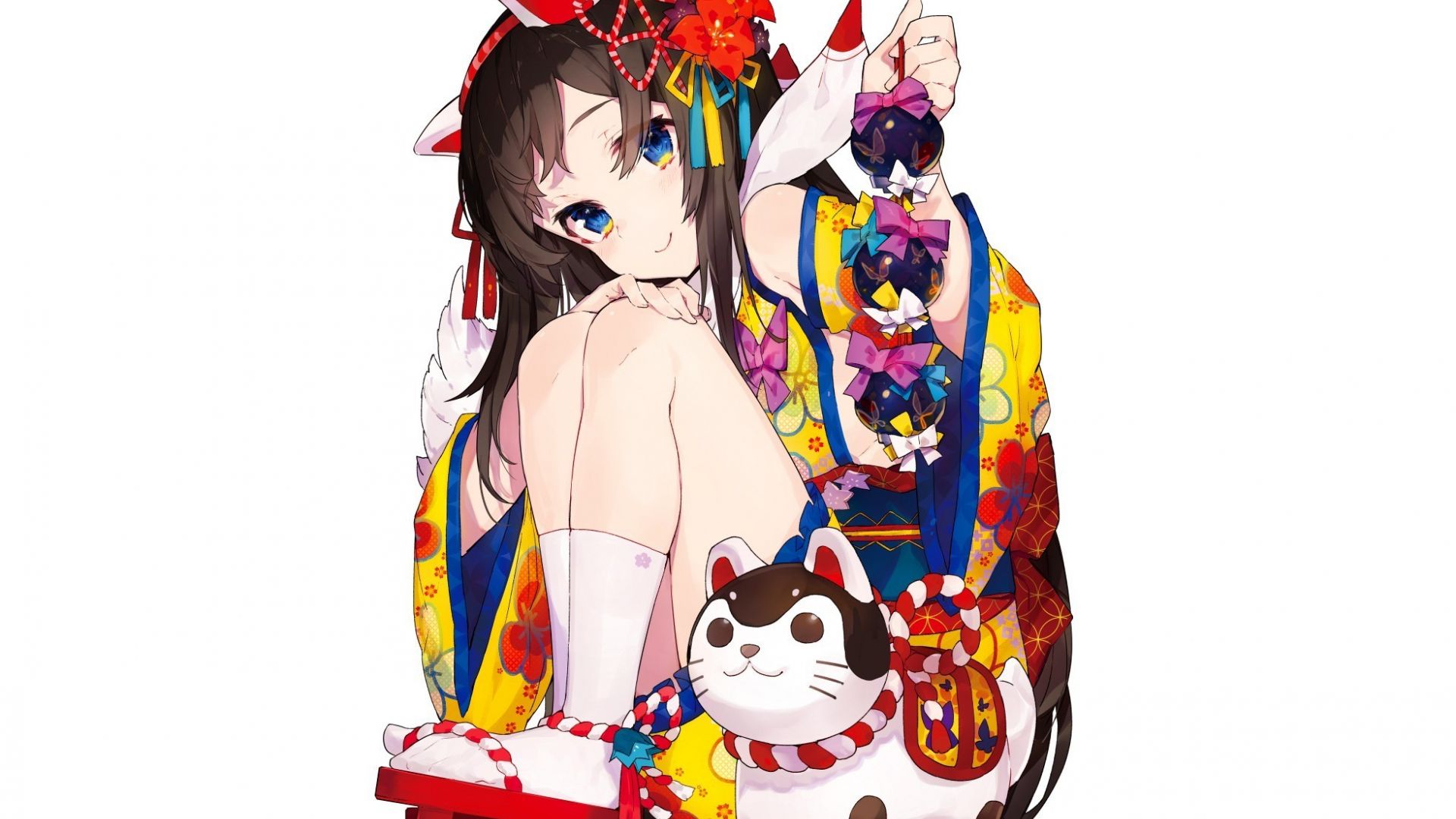 Wallpaper Cute, anime girl with kitten toy, minimal