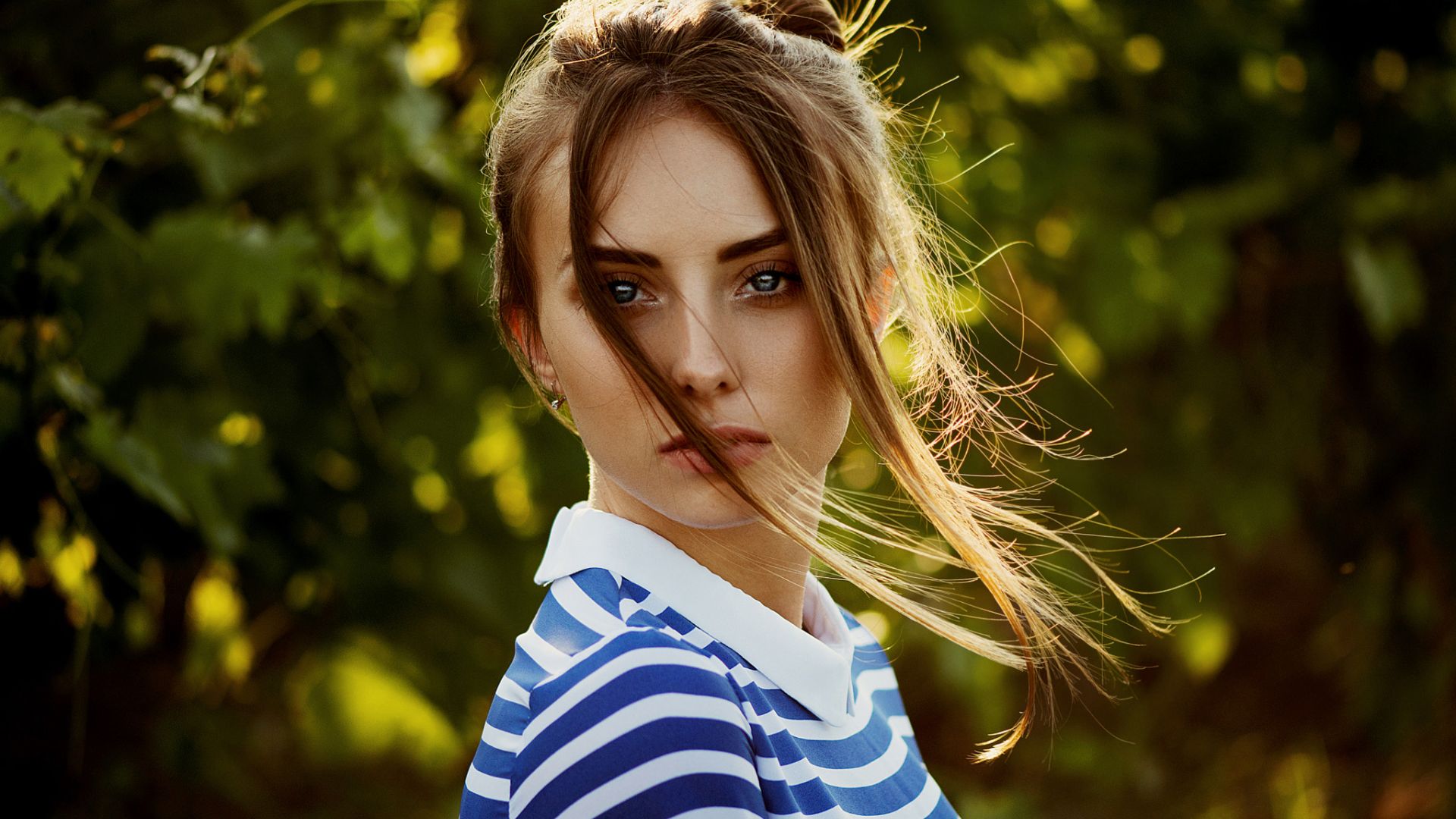 Wallpaper Beautiful, girl model, hair on face, striped t-shirt