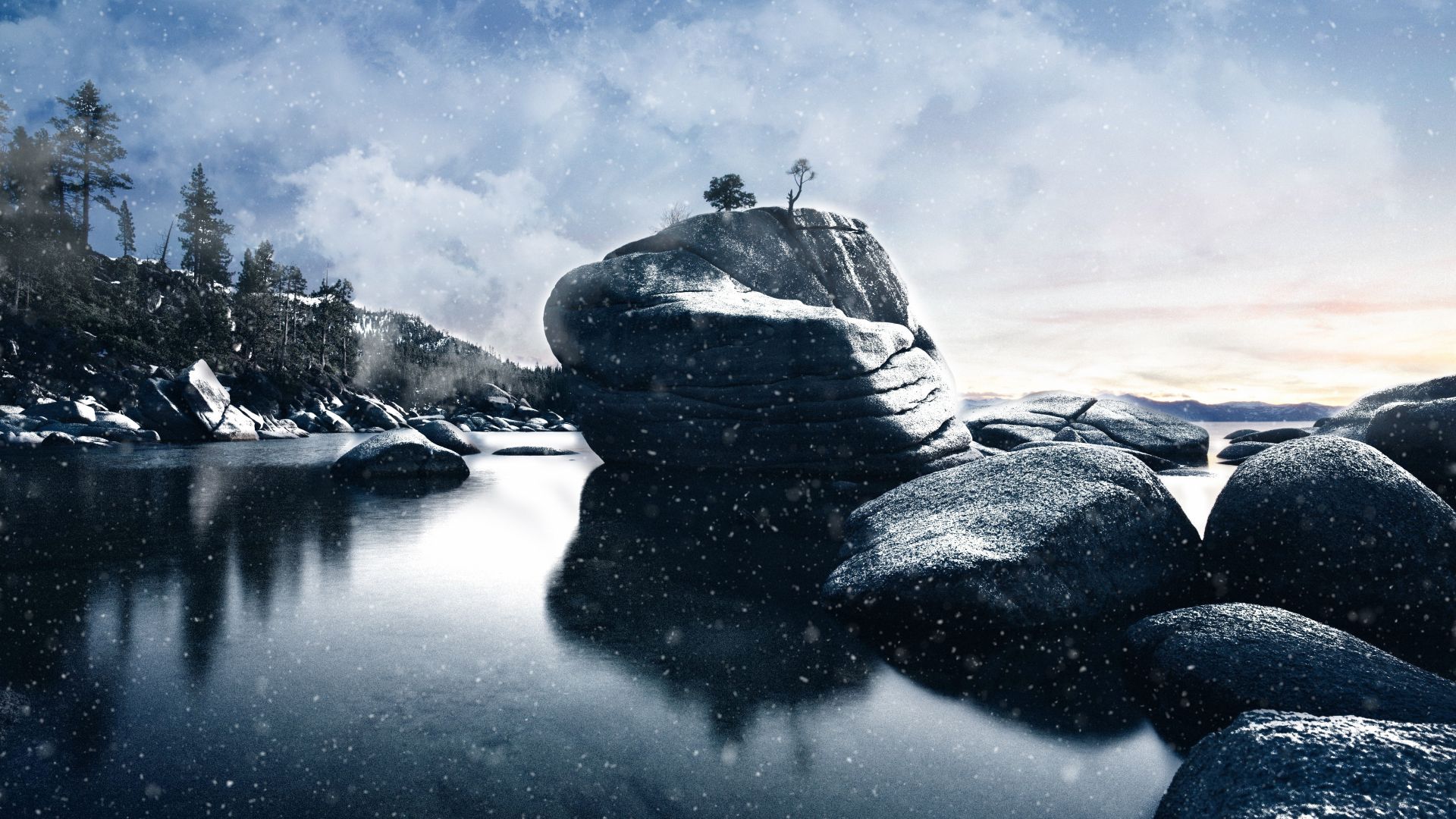 Wallpaper Rocks, lake, snowfall, winter, 5k