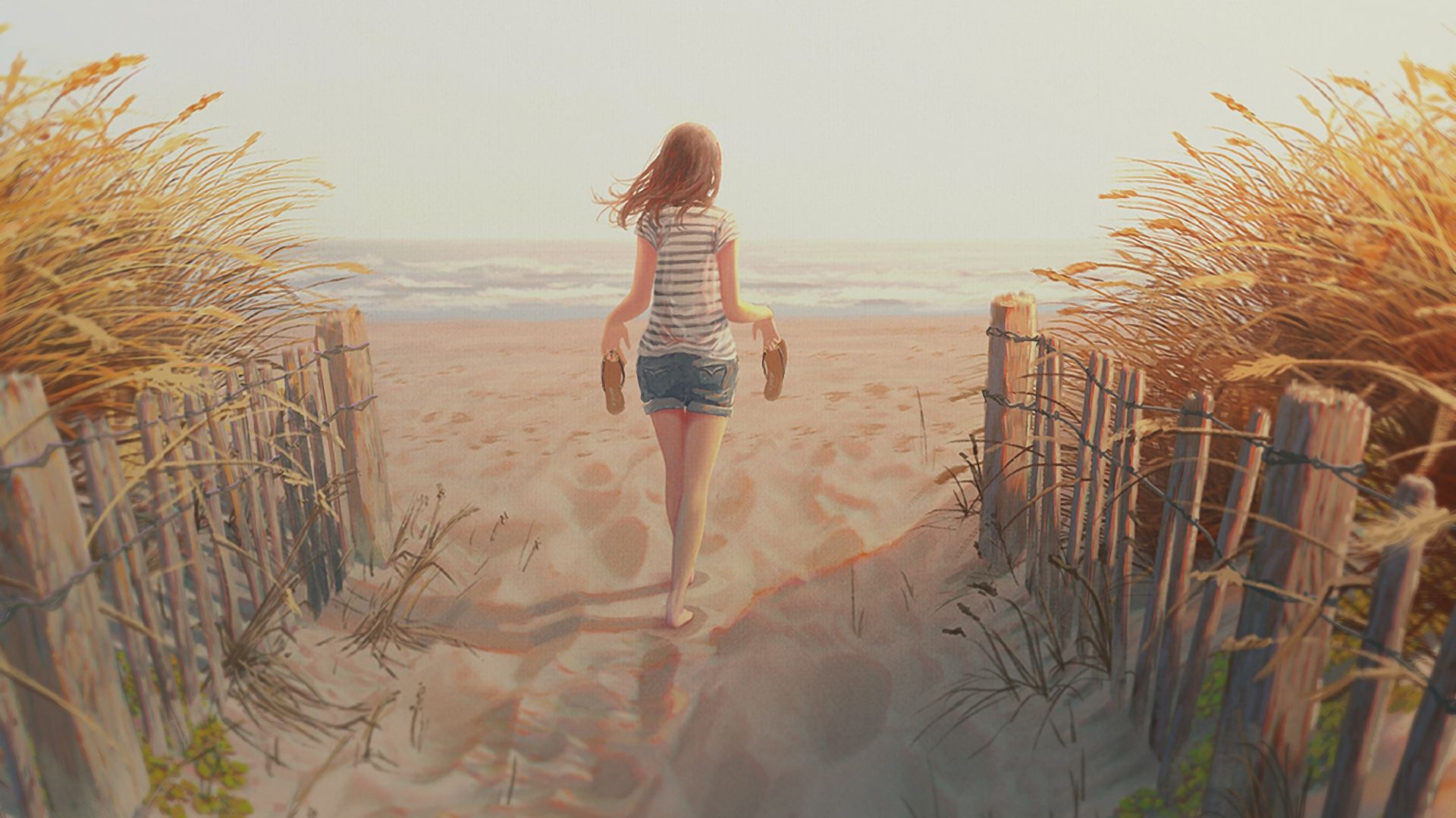 Wallpaper Sand, beach, fence, anime girl, art