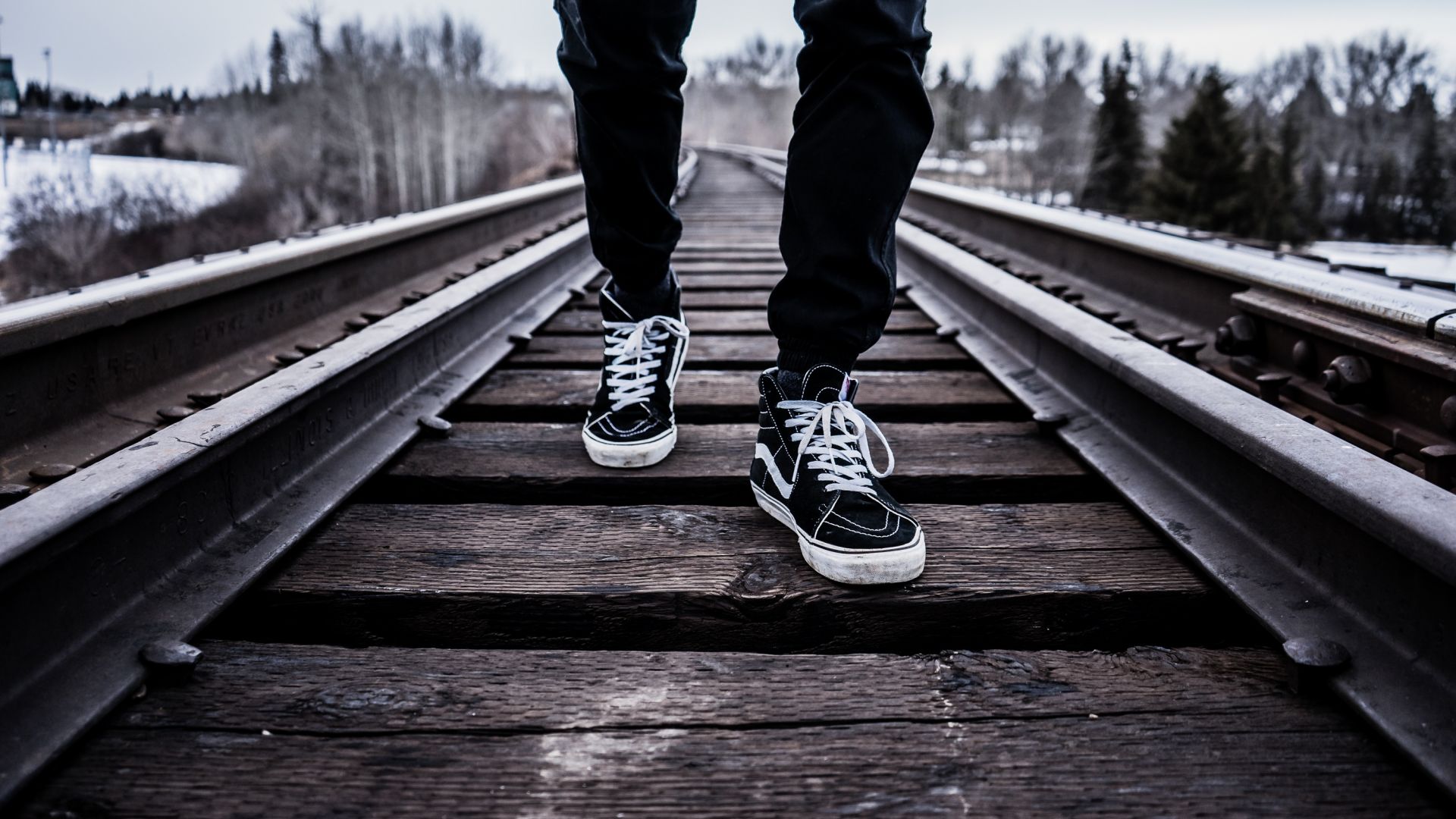 Wallpaper Sneakers, railway lines and legs