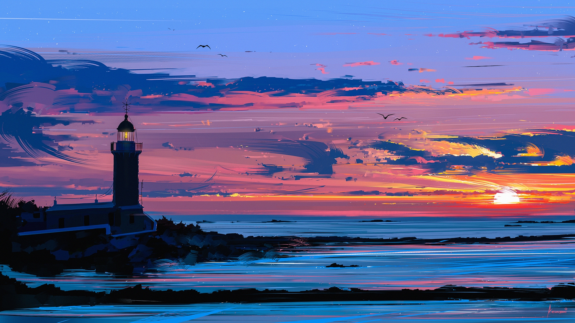 Wallpaper Lighthouse, sunset illustration, artwork