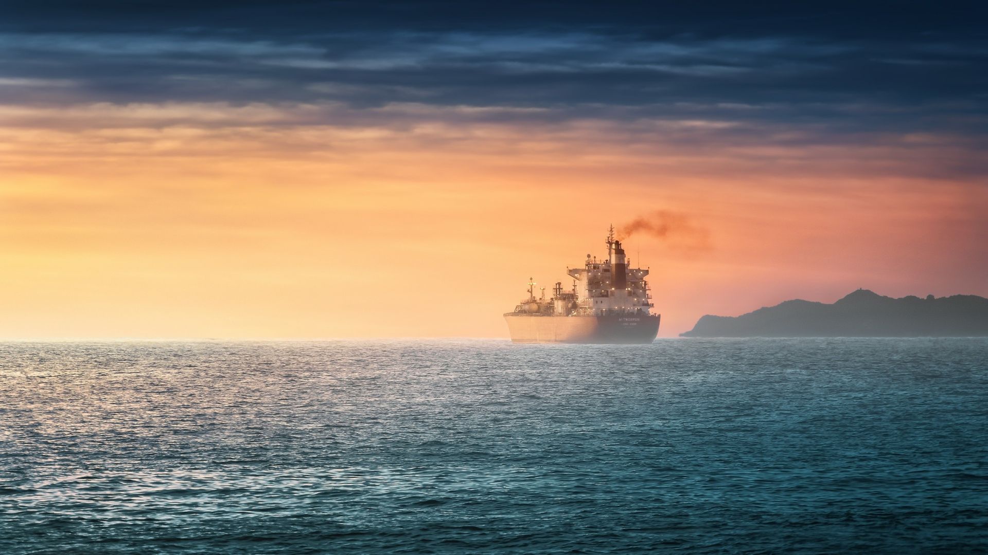 Wallpaper Ship, sea, sunset, yellow skyline