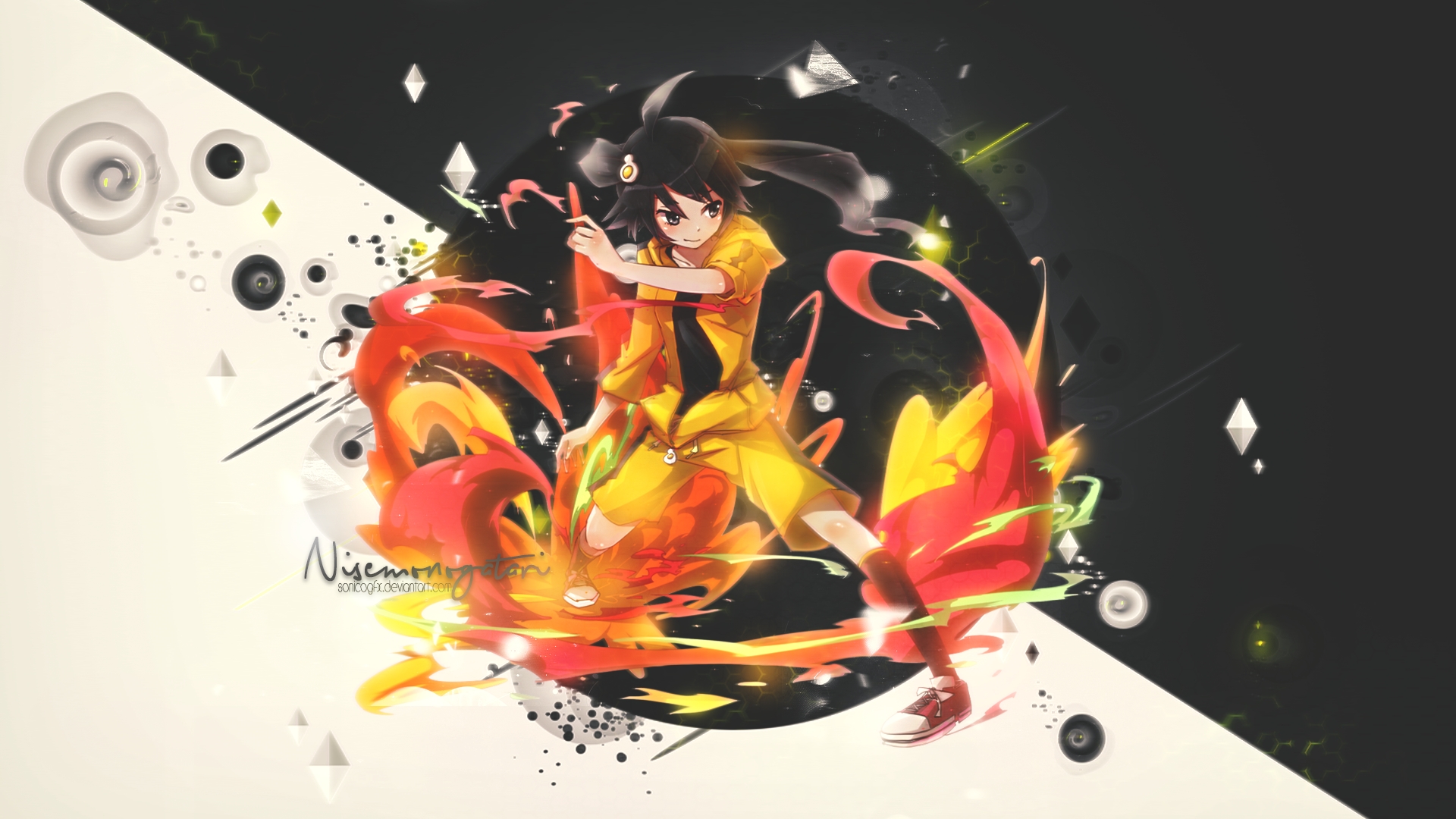 Wallpaper Karen Araragi, Bakemonogatari, anime, anime girl, fire