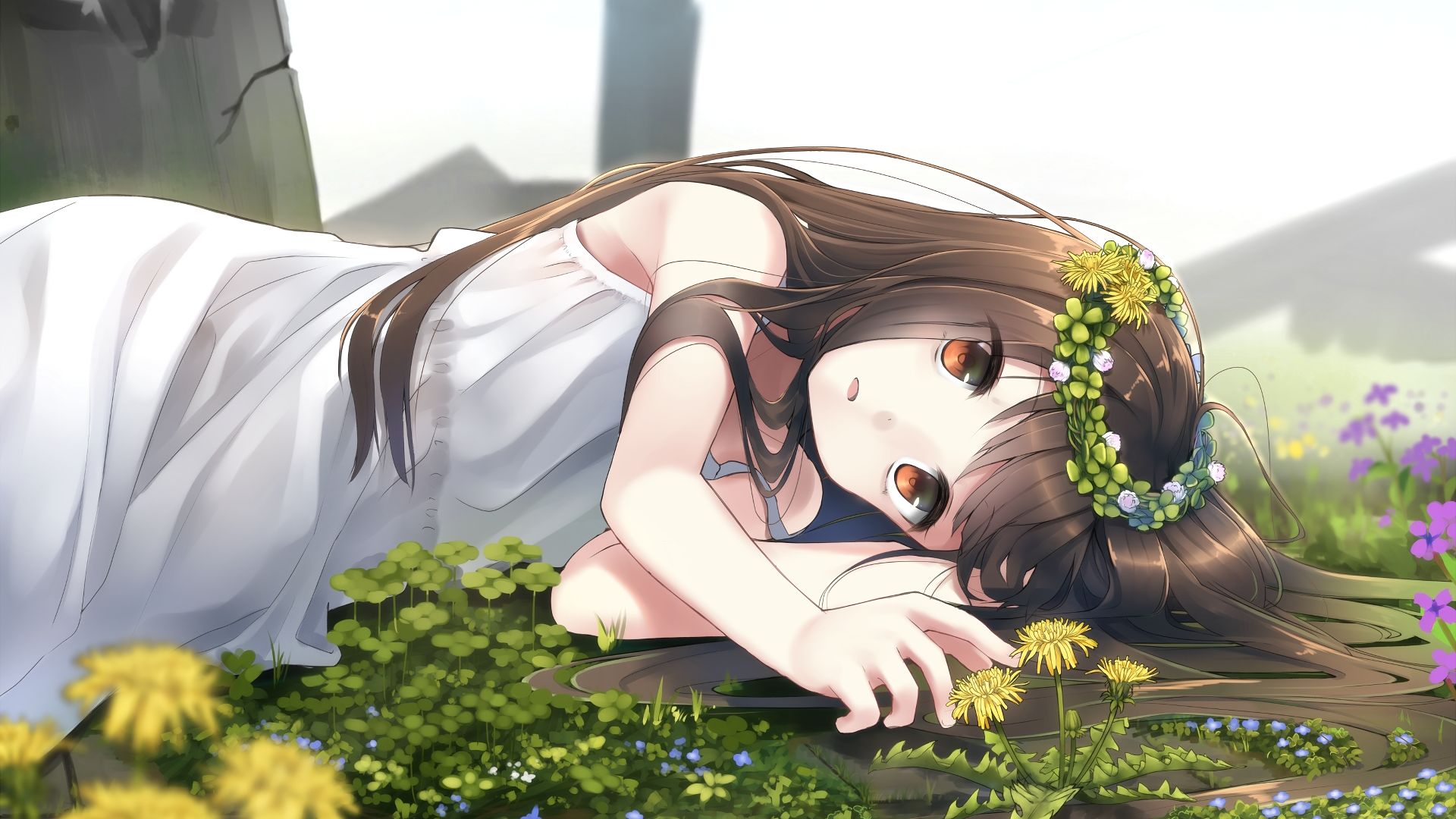 Wallpaper Lying down, cute anime girl, meadow