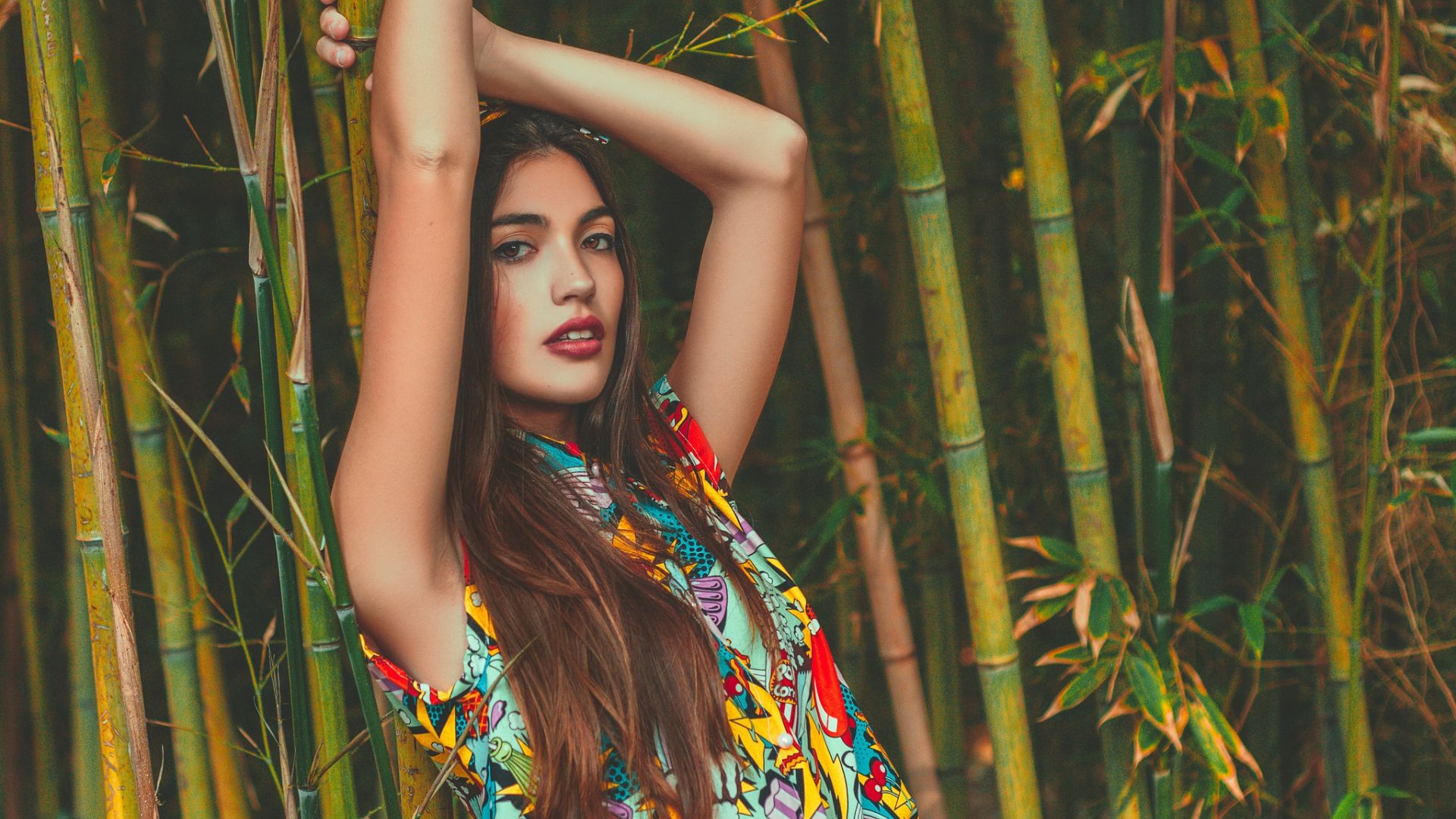 Wallpaper Bamboo trees, girl model, brunette