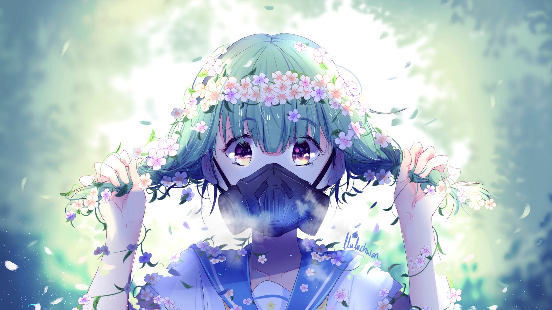 Wallpaper Flowers crown, mask, anime girl