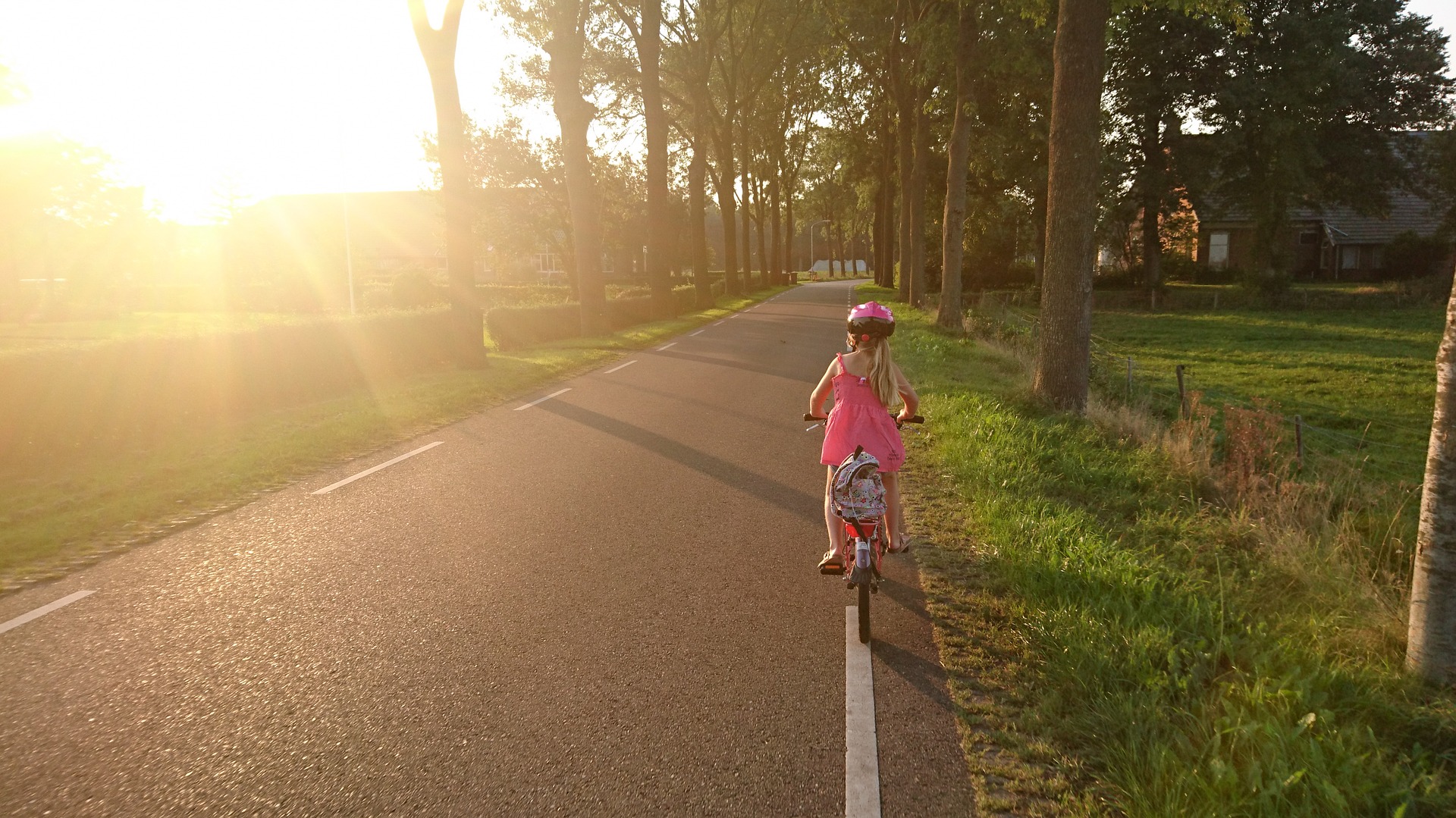 Wallpaper Girl riding bicycle, road, morning, sunlight