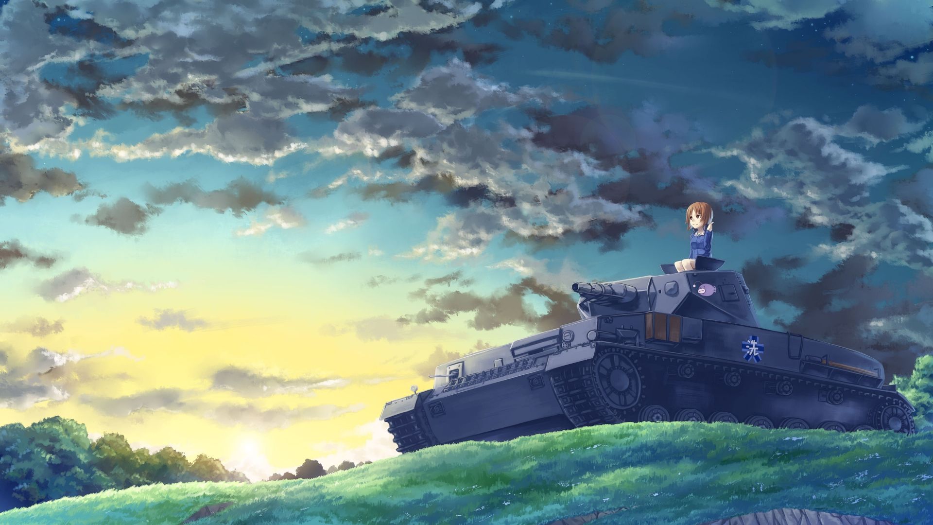 Wallpaper Anime girl, clouds, tank, original