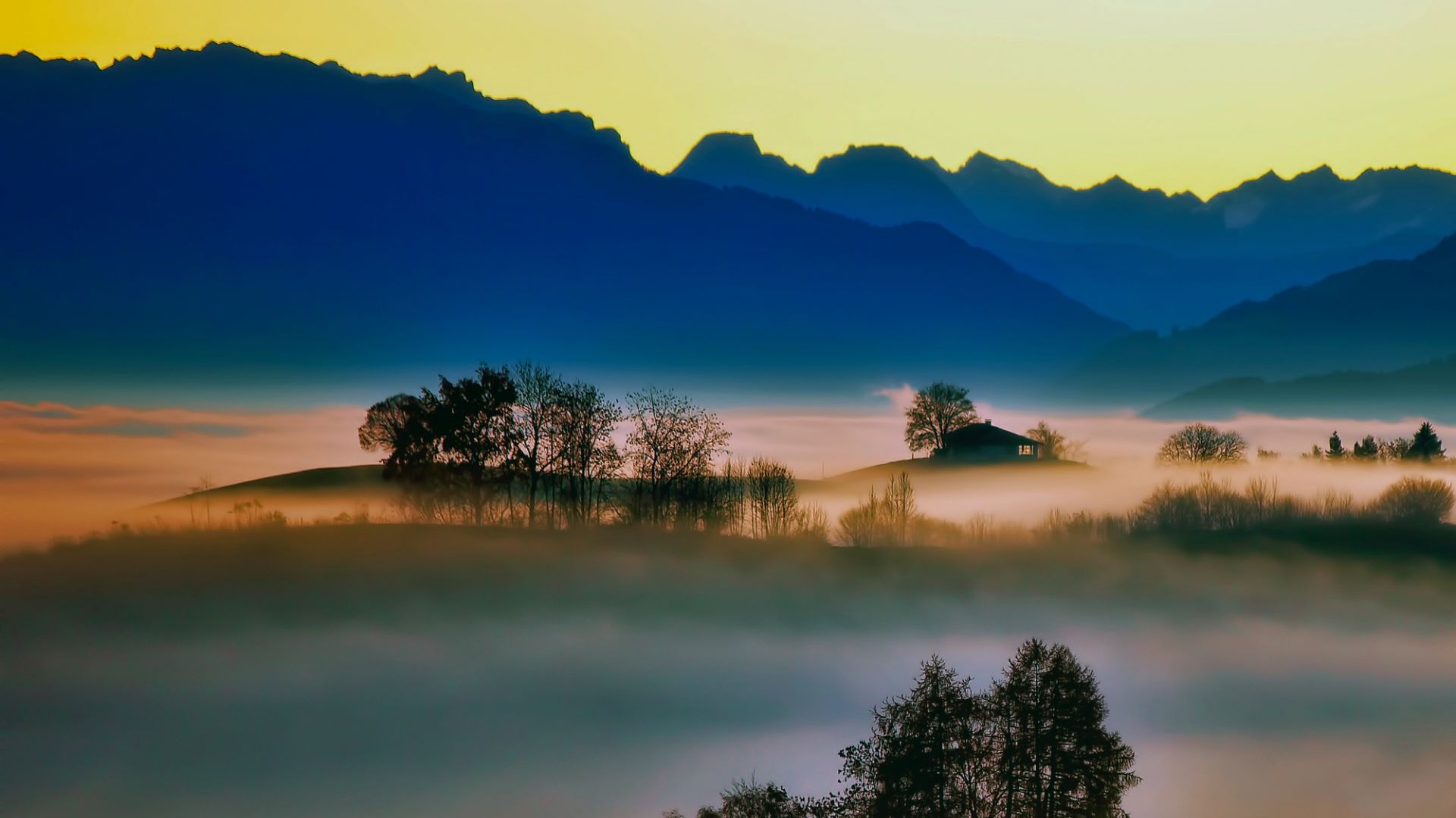 Wallpaper Sunrise, fog, silhouettes, mountains, horizon