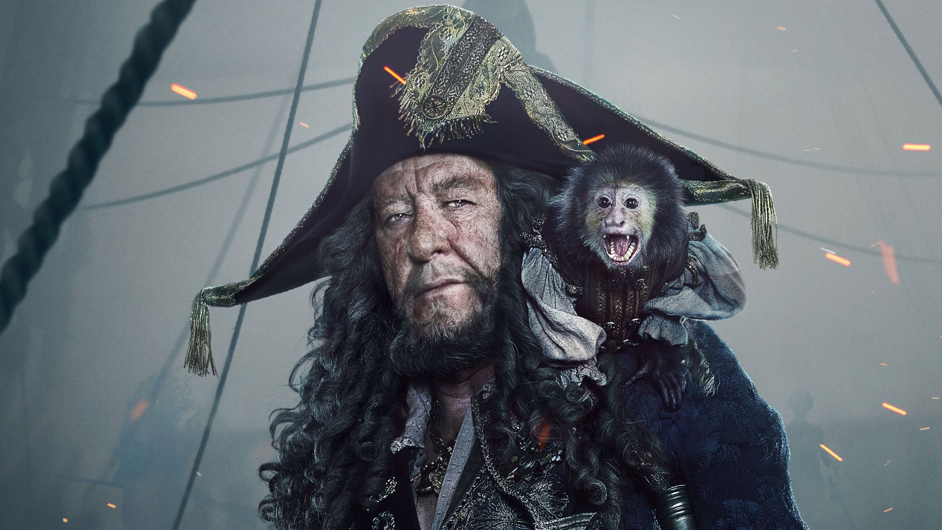 Wallpaper Geoffrey Rush as Captain Hector Barbossa in Pirates of the Caribbean: Dead Men Tell No Tales, movie