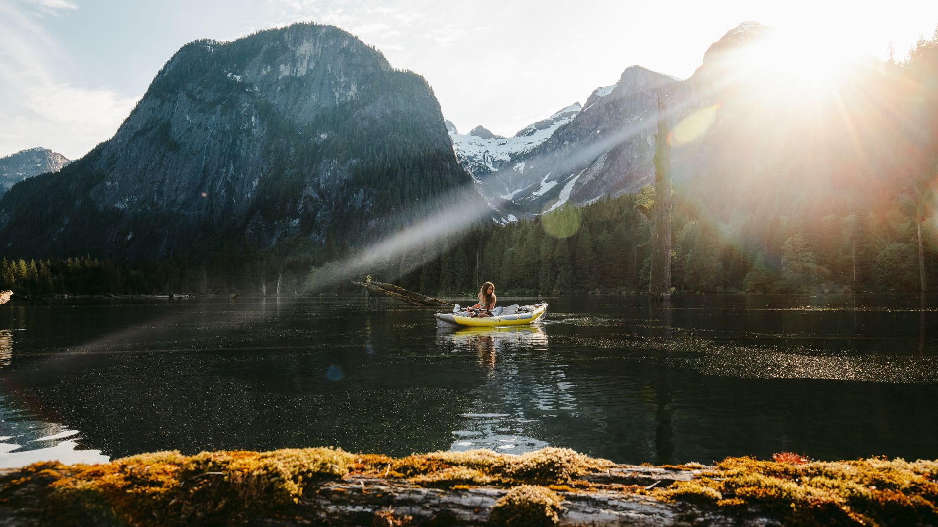 Wallpaper Boating, lake, mountains, sunlight, nature