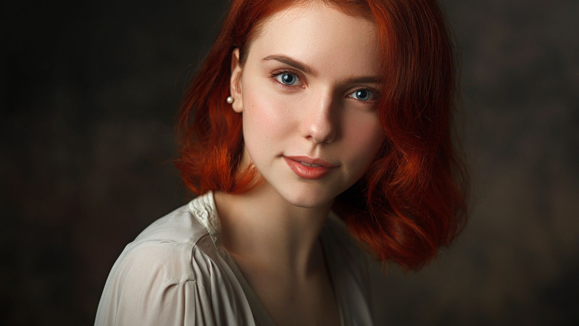 Wallpaper Girl, model, red hair, smile, face