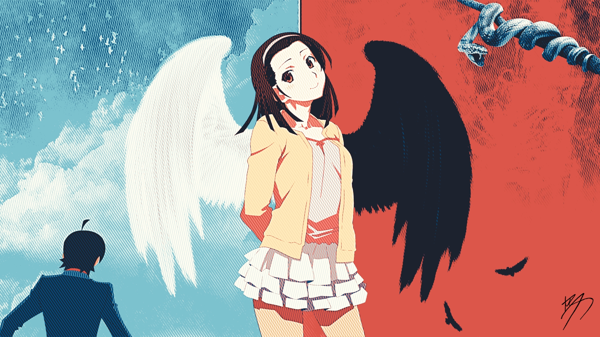 Wallpaper Nadeko Sengoku, Bakemonogatari, happy anime girl, wings