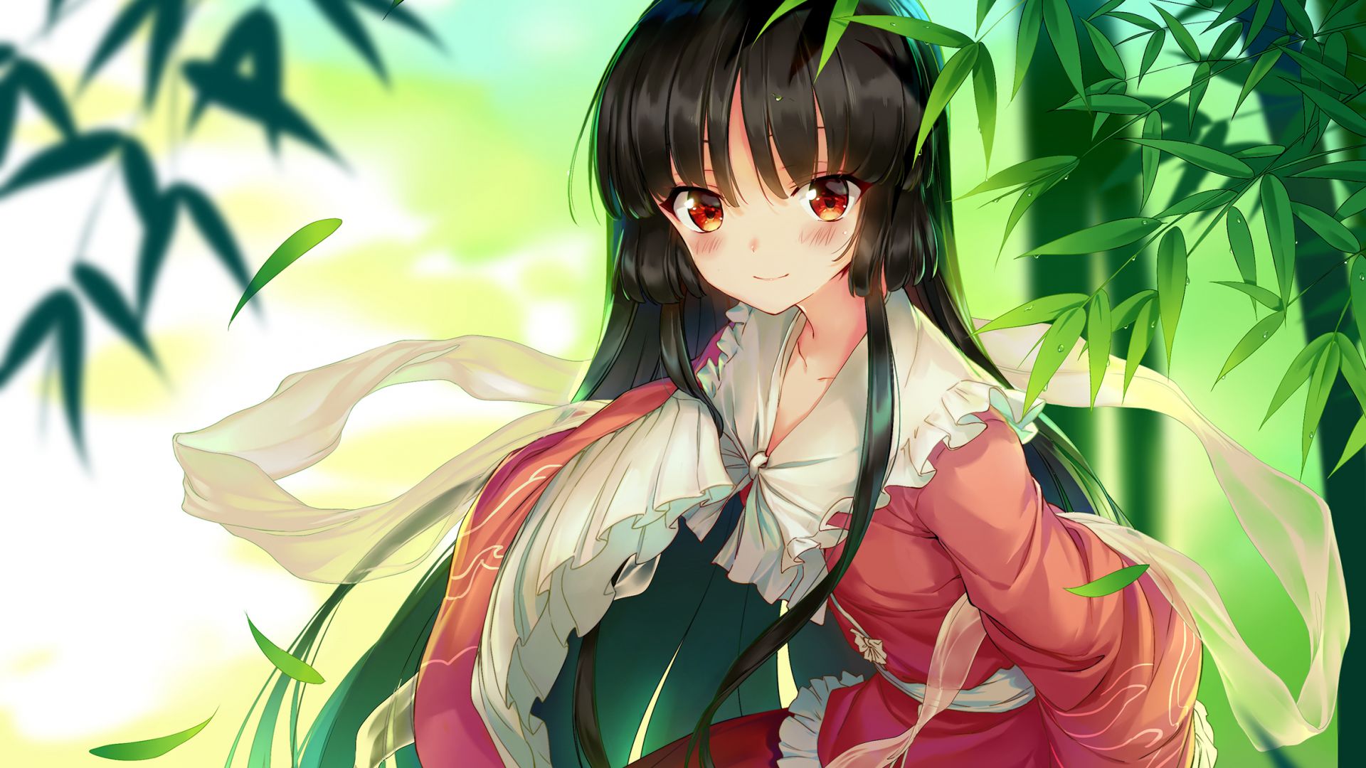 Wallpaper Cute anime girl, leaves, red dress