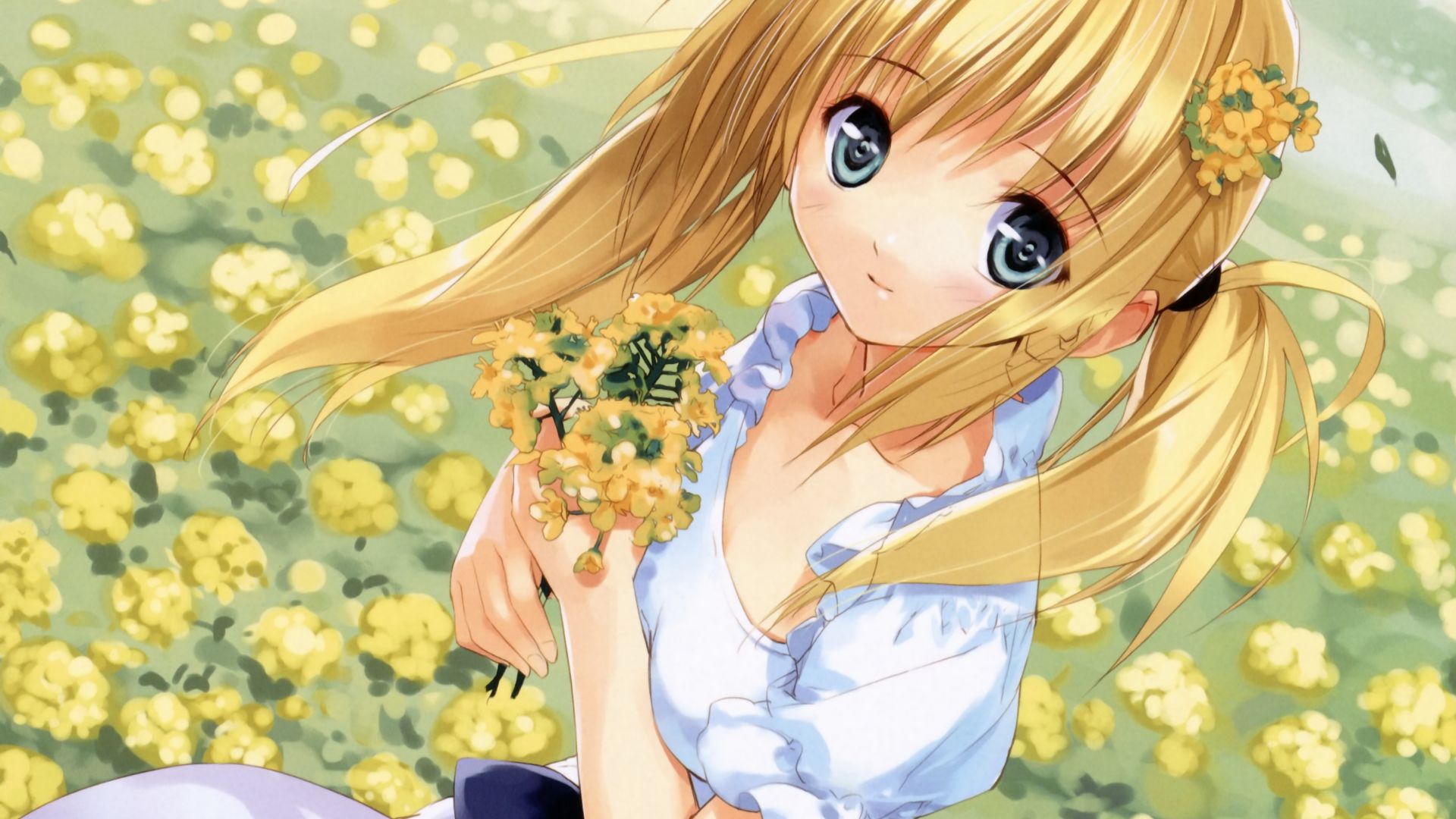 Wallpaper Flower farm, white dress, anime, cute girl