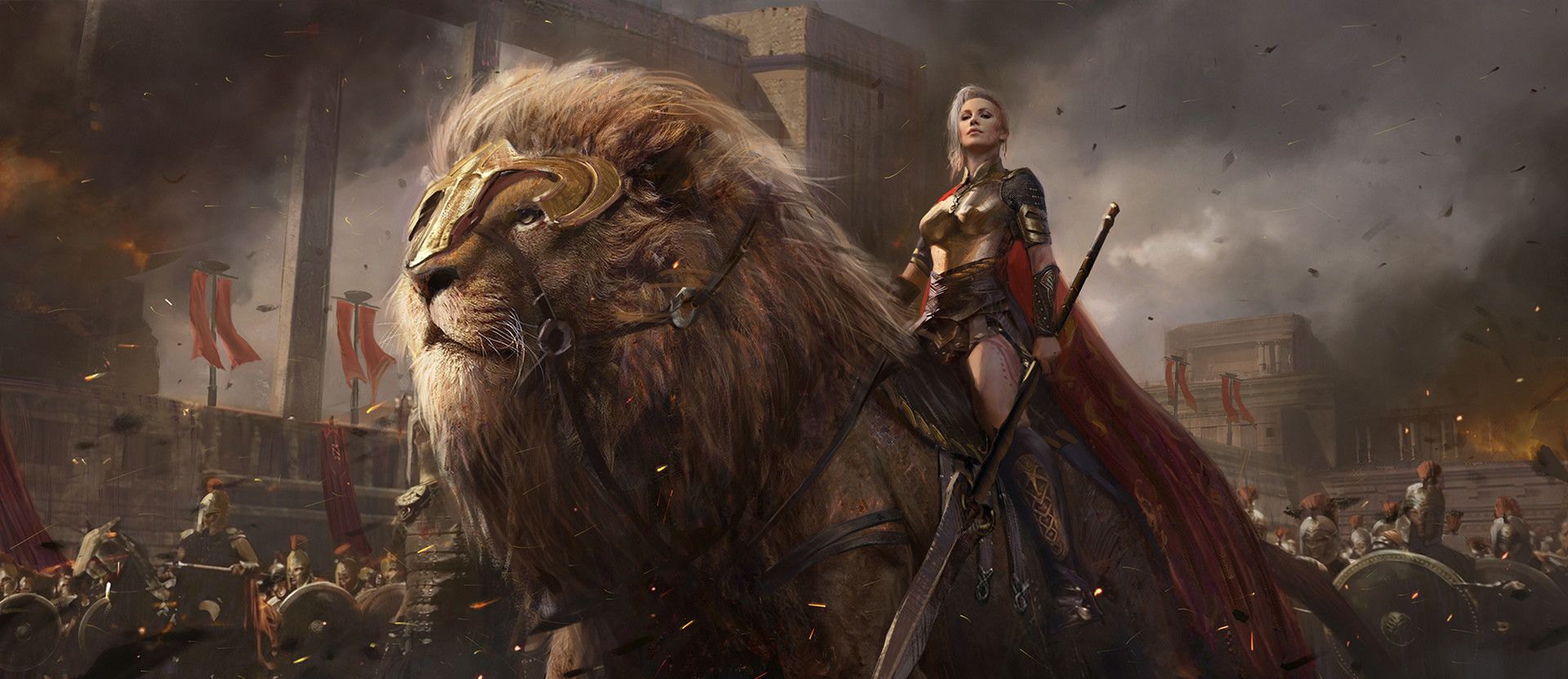 Wallpaper Girl warrior on lion, art