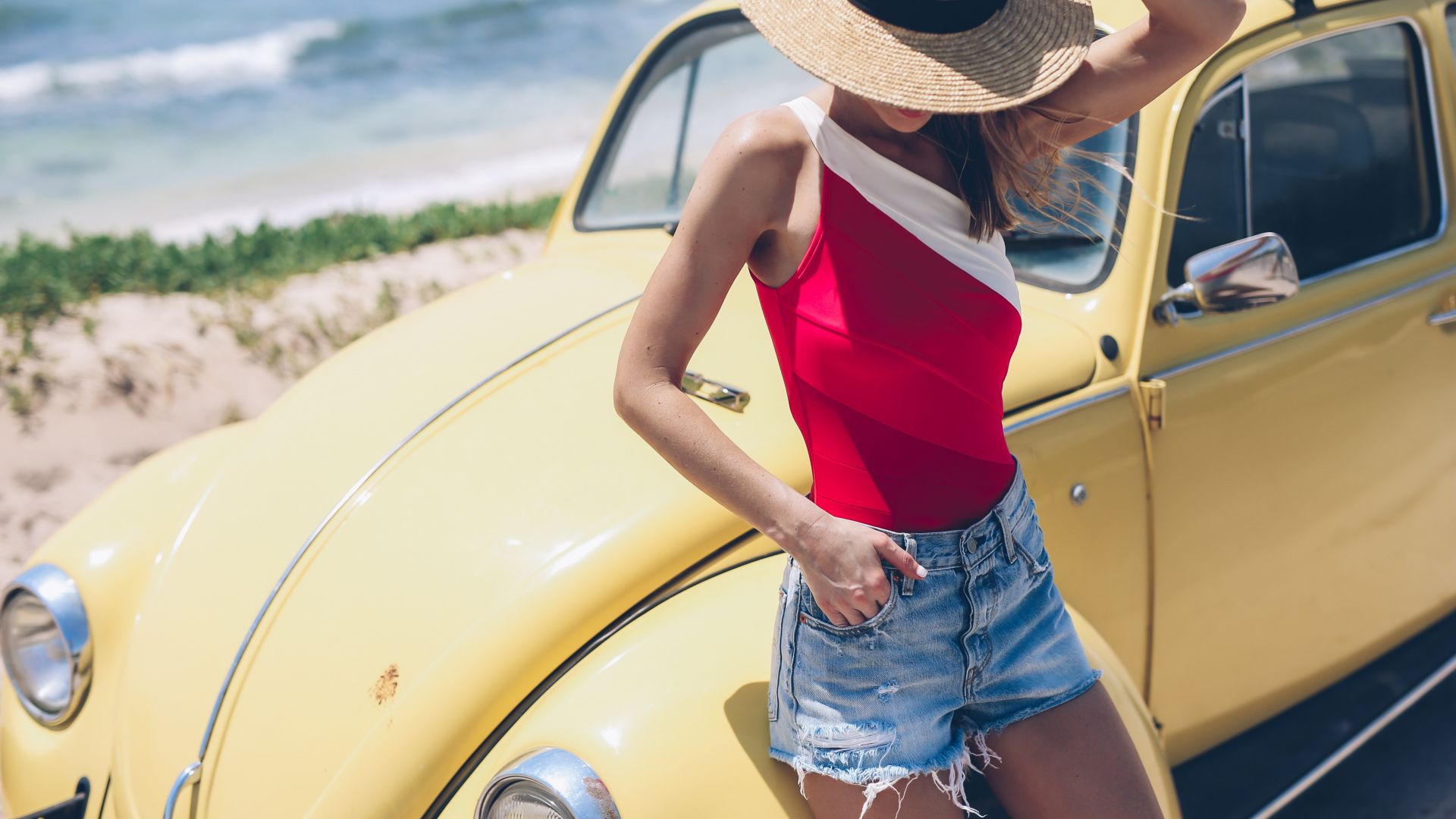 Wallpaper Summer, girl with yellow car, hat