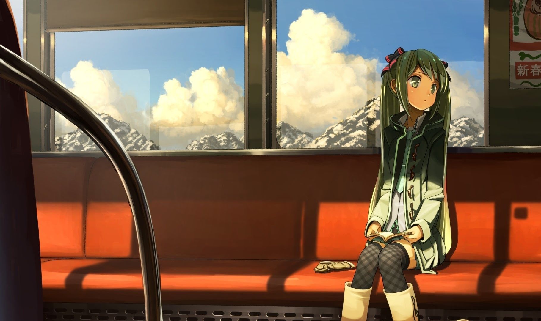 Wallpaper Hatsune Miku, anime girl, reading, train