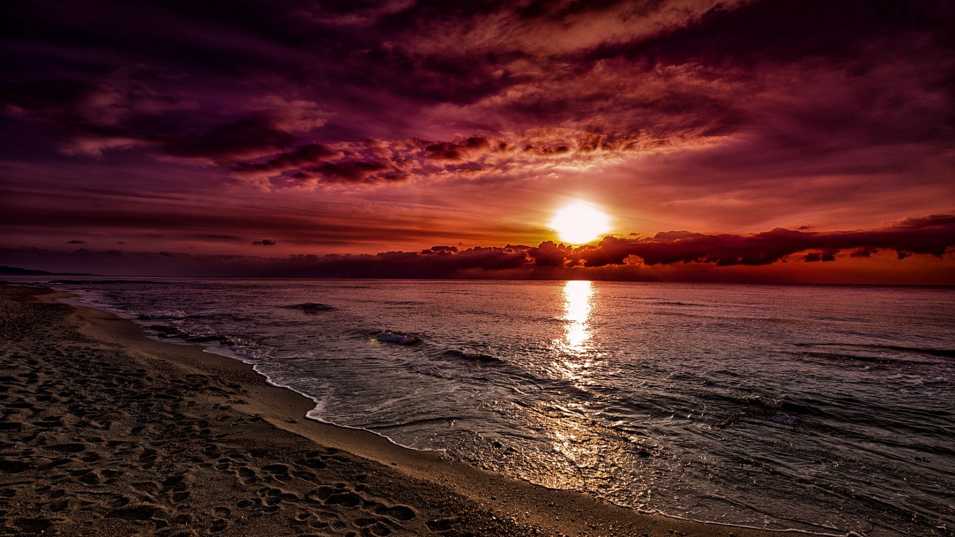 Wallpaper Horizon, sunset, beach, clouds, nature