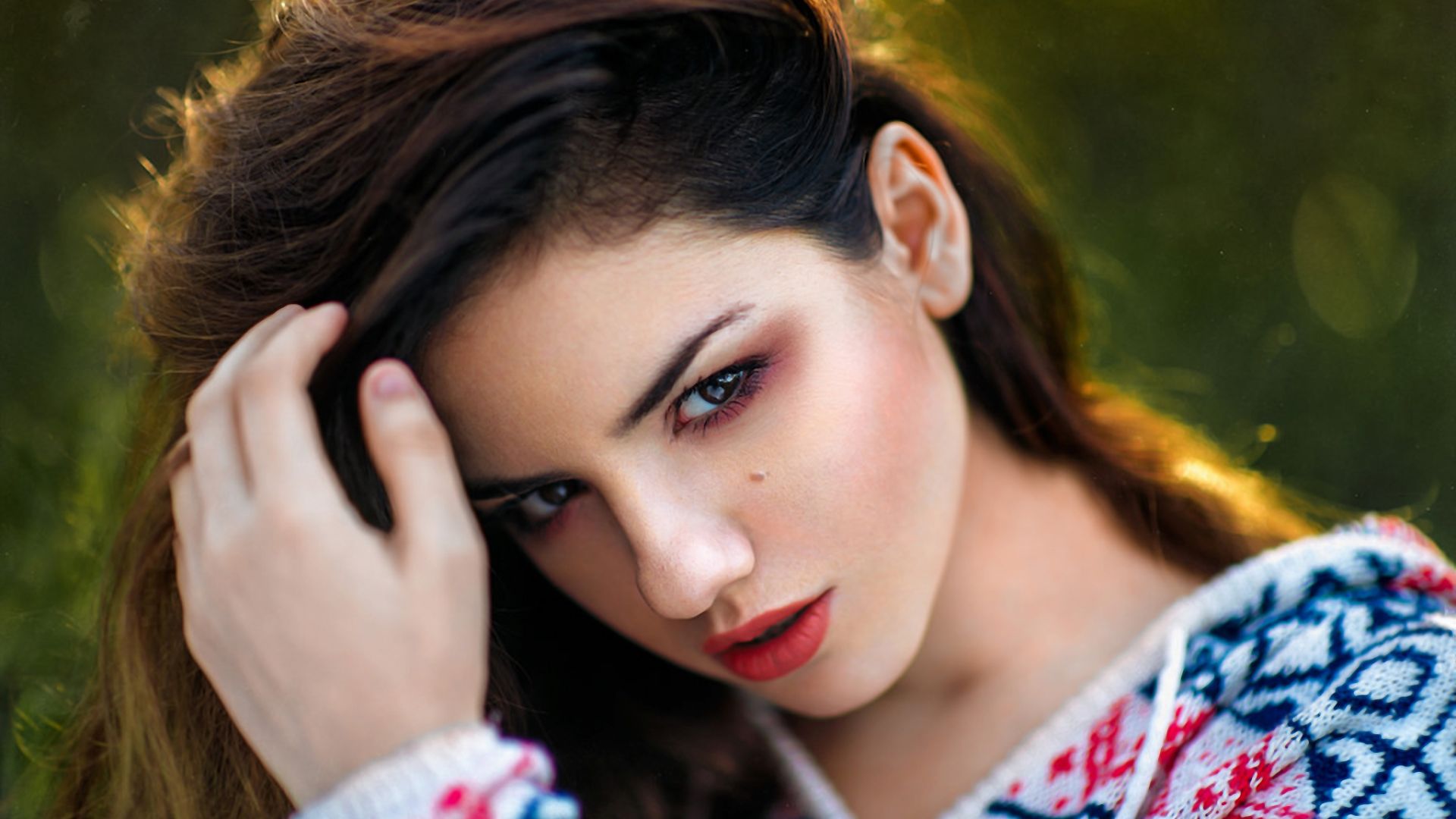 Wallpaper Face, brunette, model, red lips
