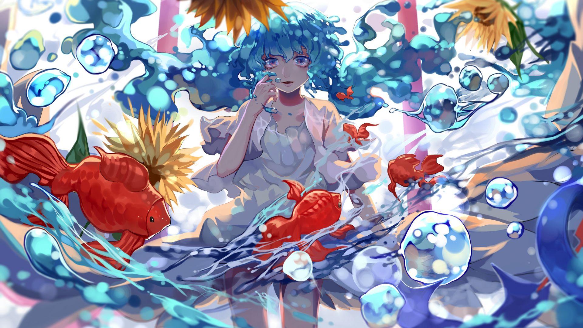 Wallpaper Hatsune Miku, red fishes, underwater, bubbles