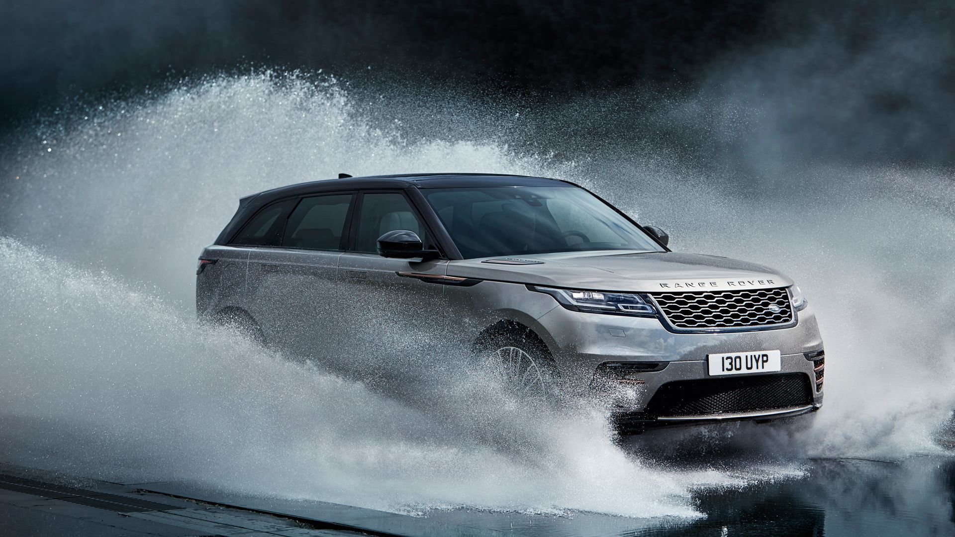 Wallpaper Silver Range Rover Velar, luxury SUV car, water splashes